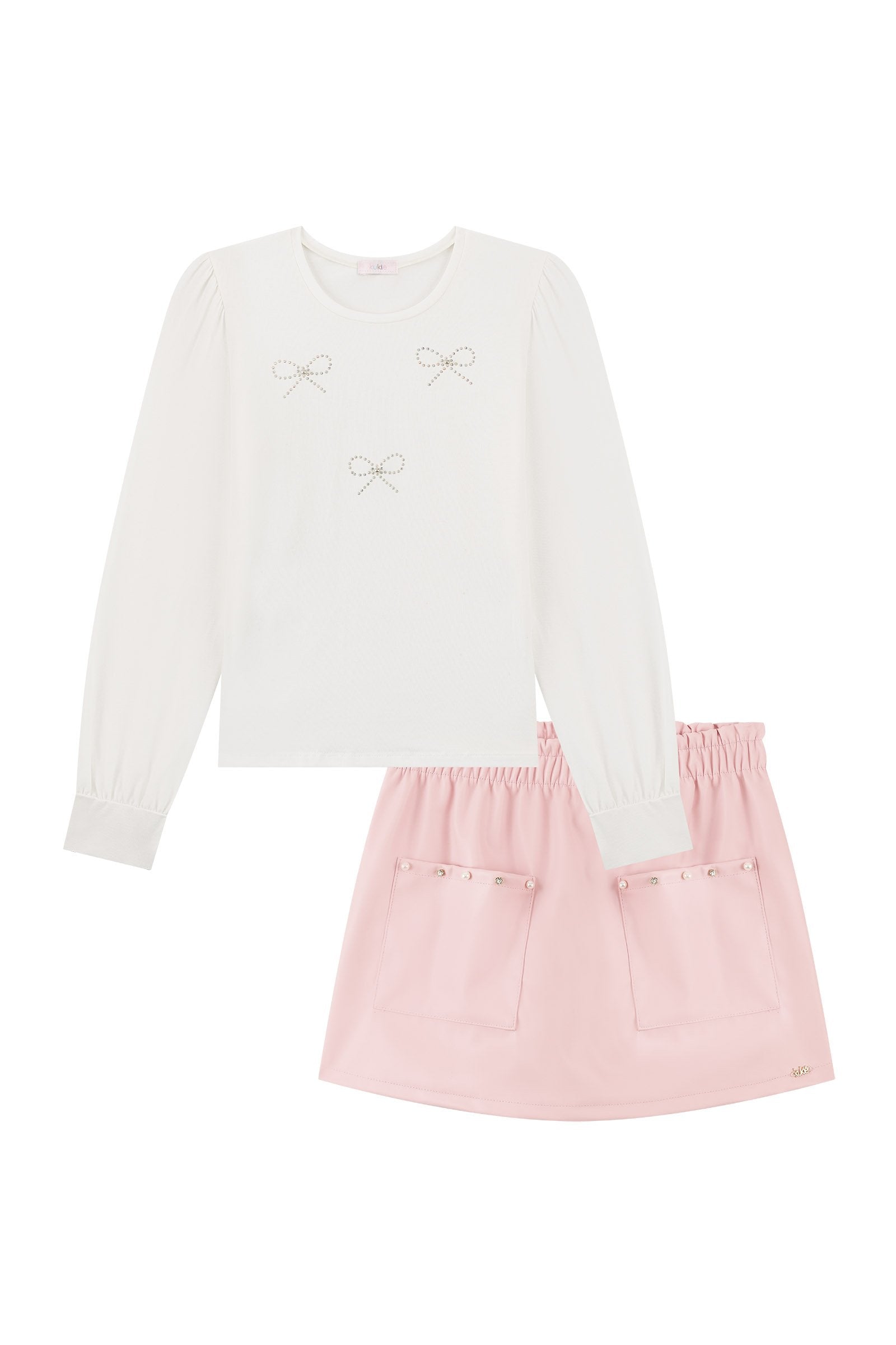 Conjunto de Blusa em Cotton e Short Saia em Couro Eco 93781 Kukiê Infantil Menina