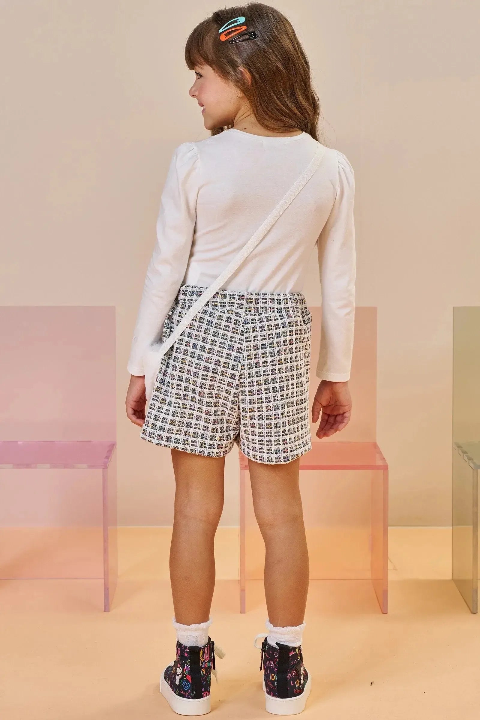 Conjunto de Blusa em Cotton e Short Saia em Malha Jacquard Kim. Acompanha Bolsa em Pelo 92677 Infanti Infantil Menina