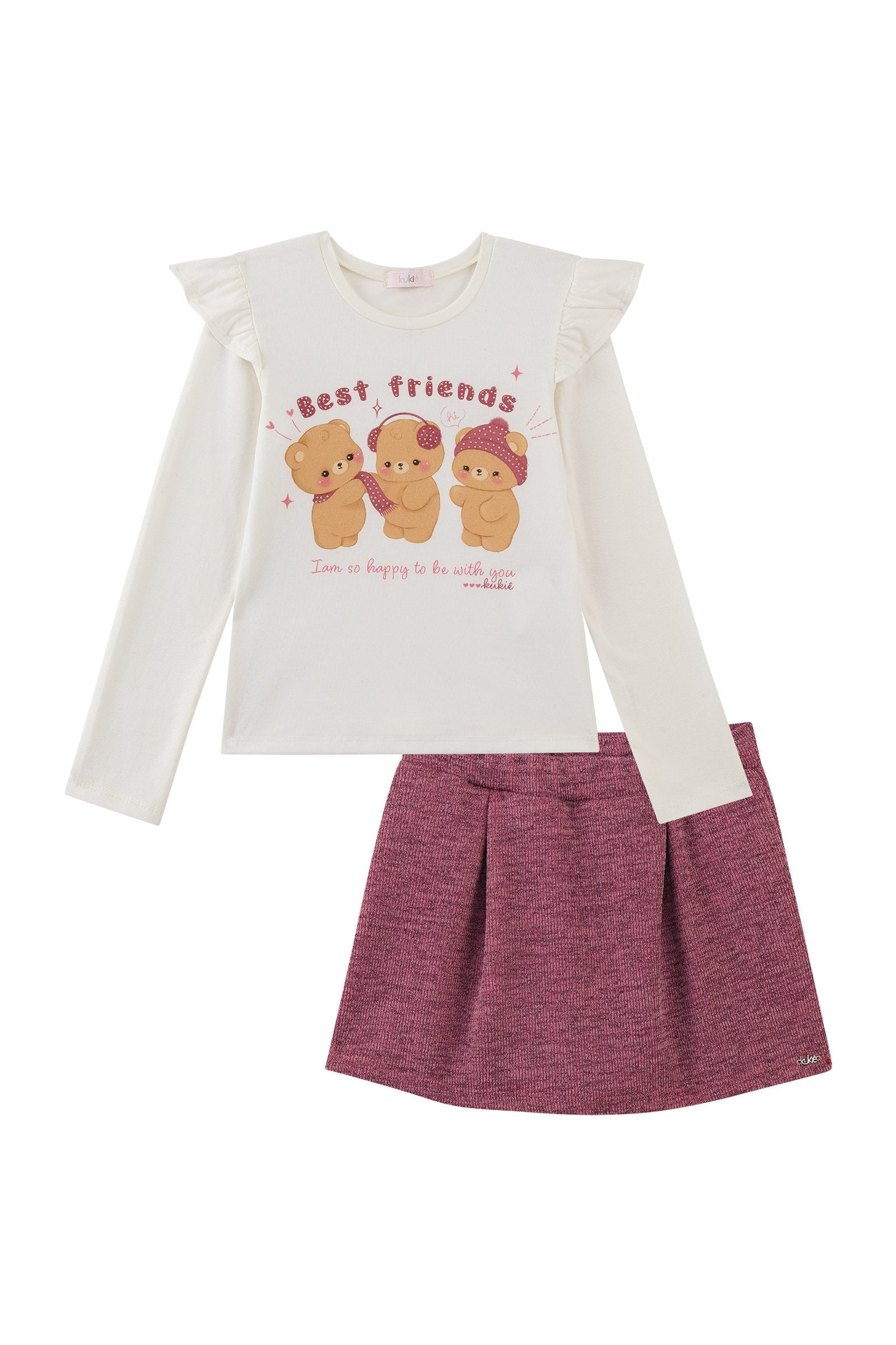 Conjunto de Blusa em Cotton e Short Saia em Malha Shine 92679 Kukiê Infantil Menina