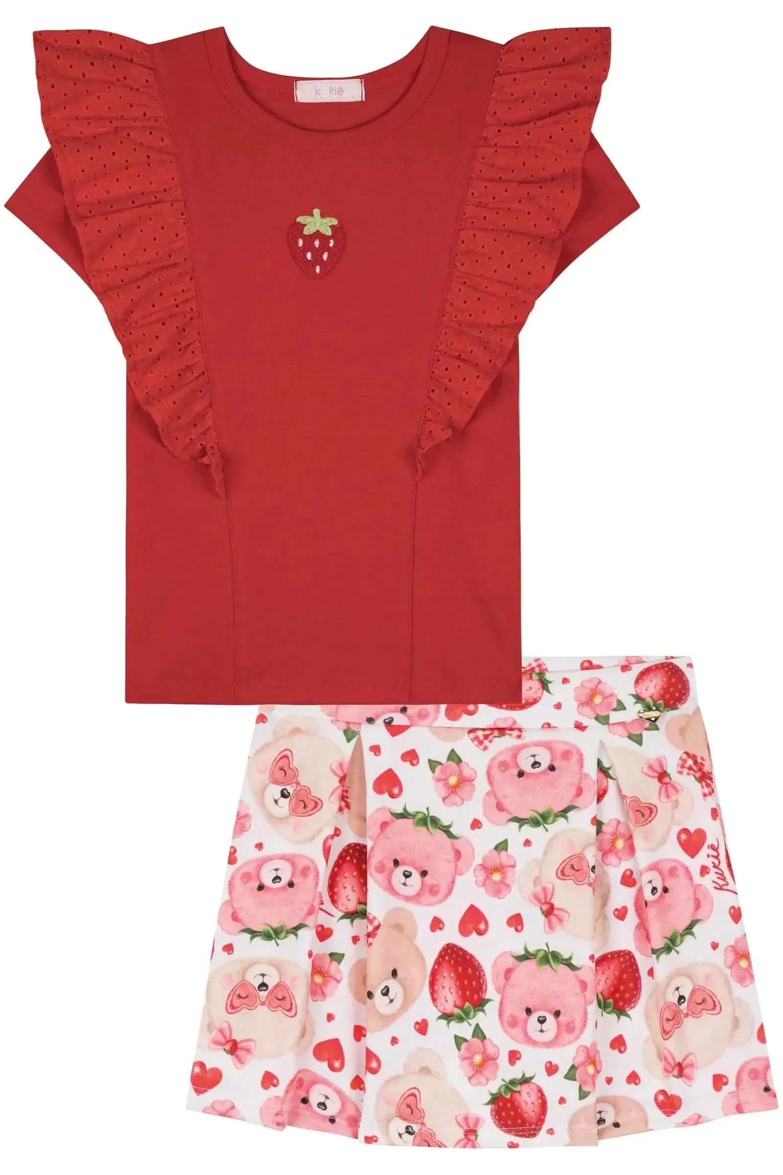 Conjunto de Blusa em Cotton e Short Saia em Molecotton 83546 Kukiê Infantil Menina