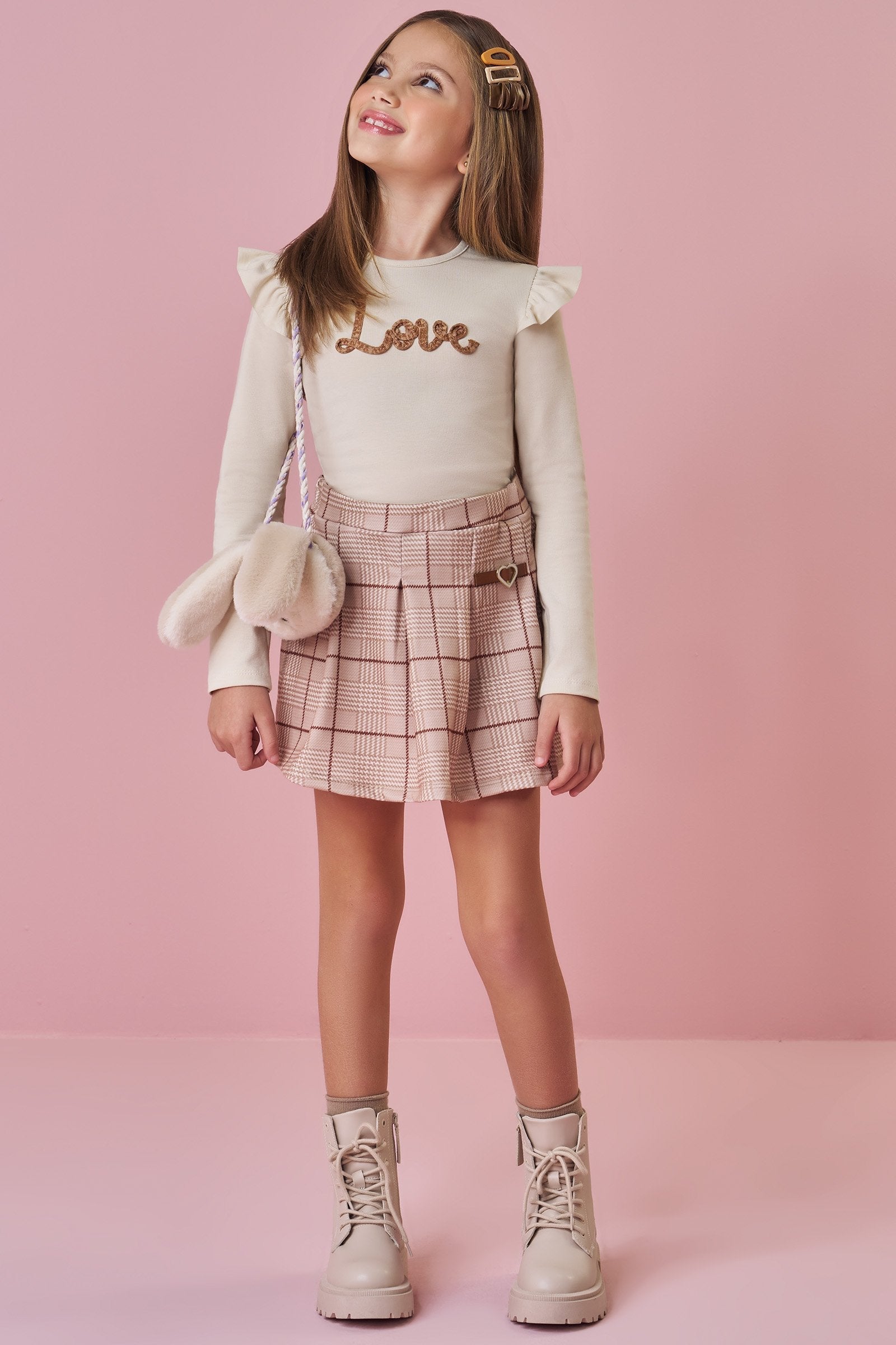 Conjunto de Blusa em Cotton e Short Saia em Molecotton 90231 Kukiê Infantil Menina