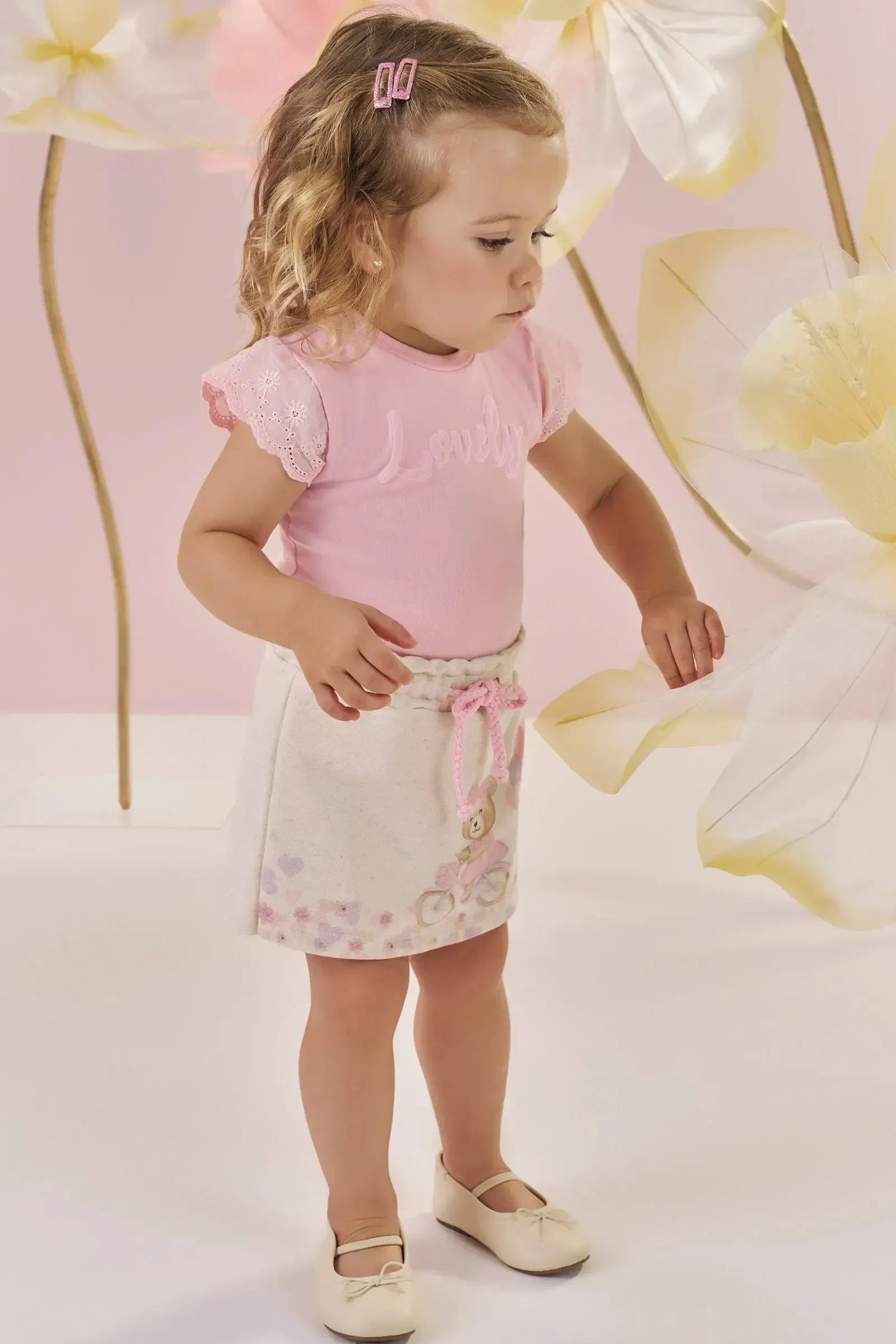 Conjunto de Blusa em Cotton e Short Saia em Moletom sem Pelúcia 87870 Kukiê Bebê Menina