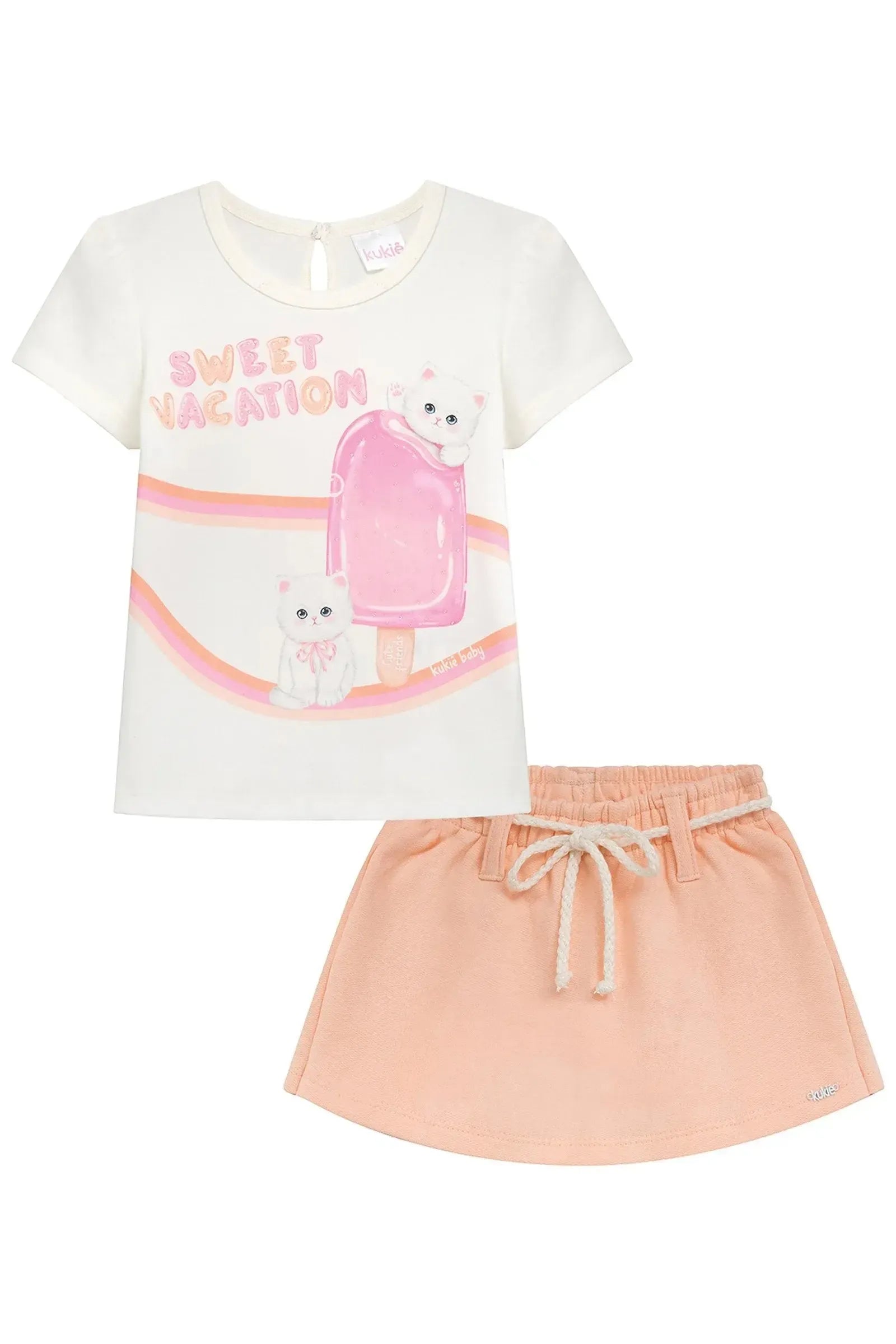 Conjunto de Blusa em Cotton e Short Saia em Moletom sem Pelúcia 95249 Kukiê Infantil Menina