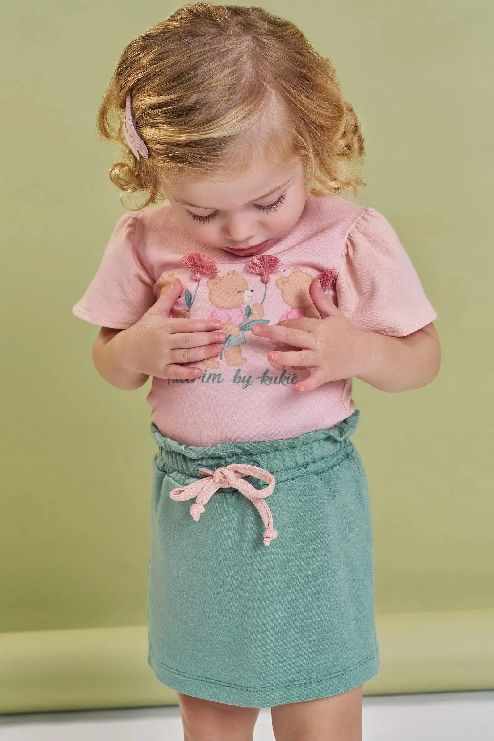 Conjunto de Blusa em Cotton e Short Saia em Molevisco 93020 Kukiê Infantil Menina