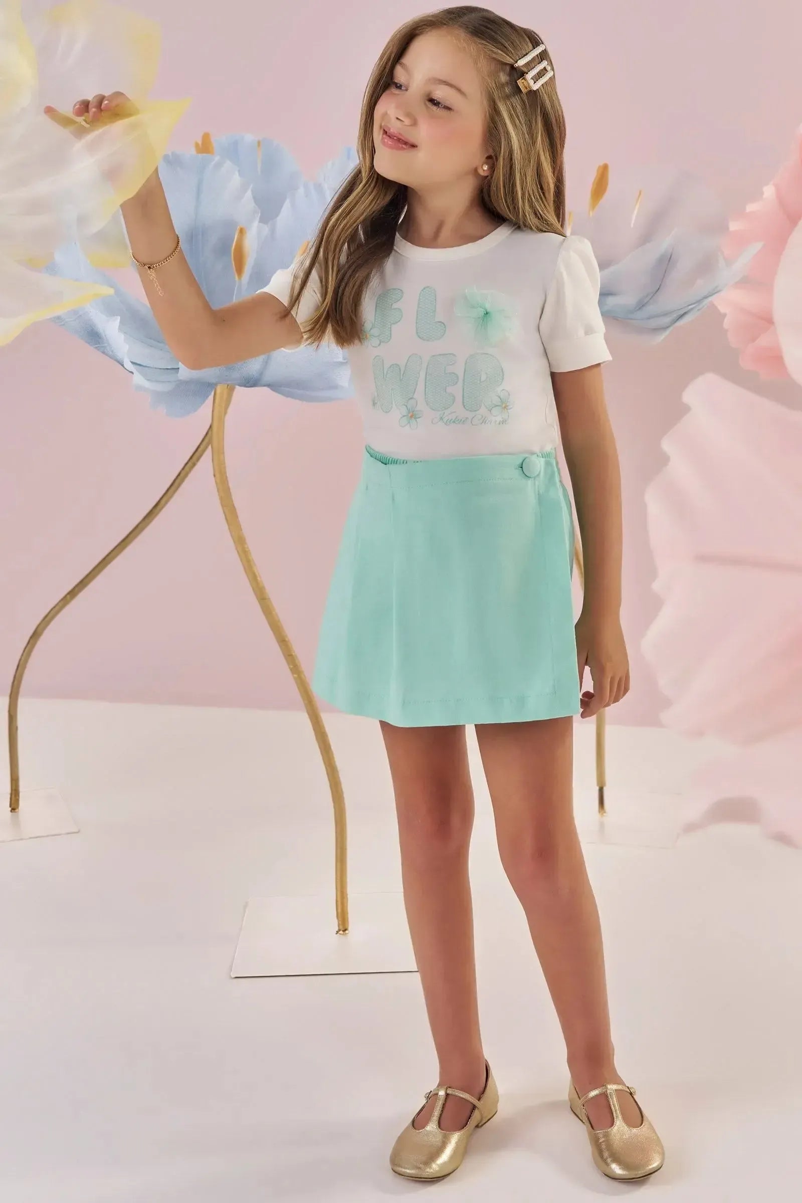 Conjunto de Blusa em Cotton e Short Saia em Sarja com Elastano 87558 Kukiê Infantil Menina