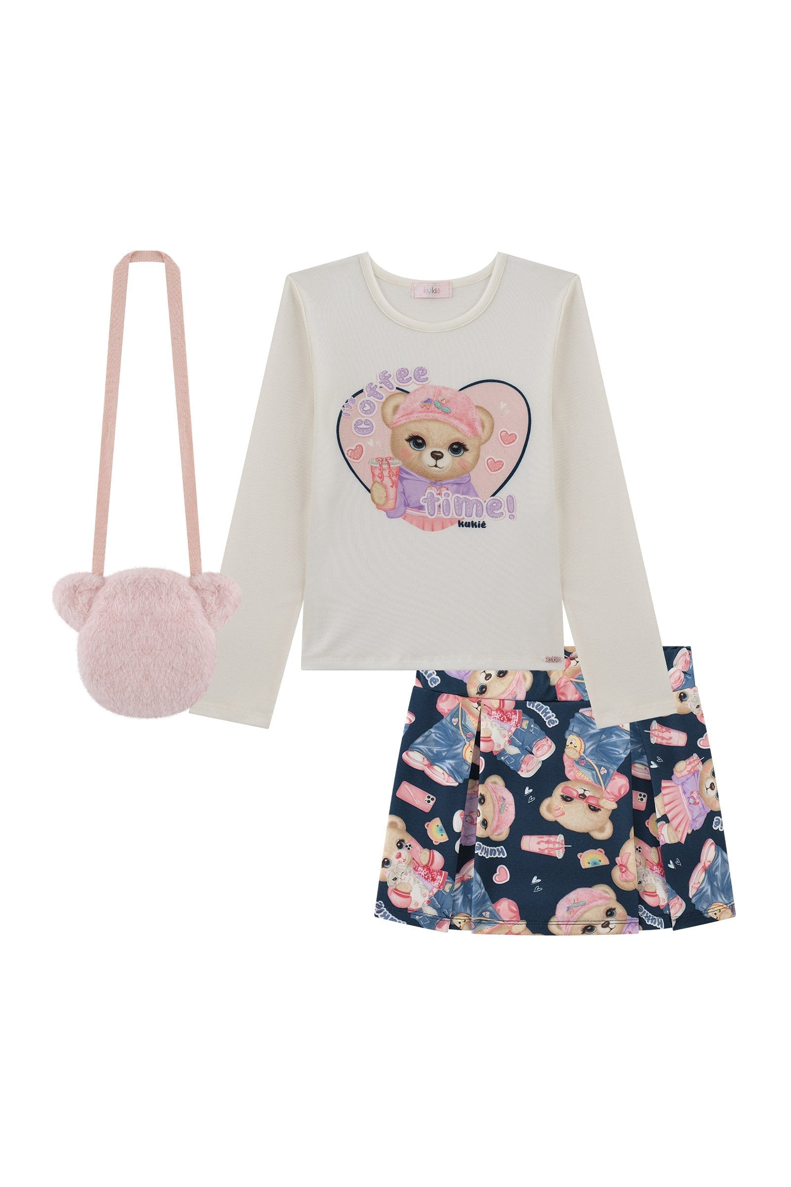 Conjunto de Blusa em Cotton e Short Saia em Termoskin (acompanha Bolsa em Pelo) 90612 Kukiê Infantil Menina