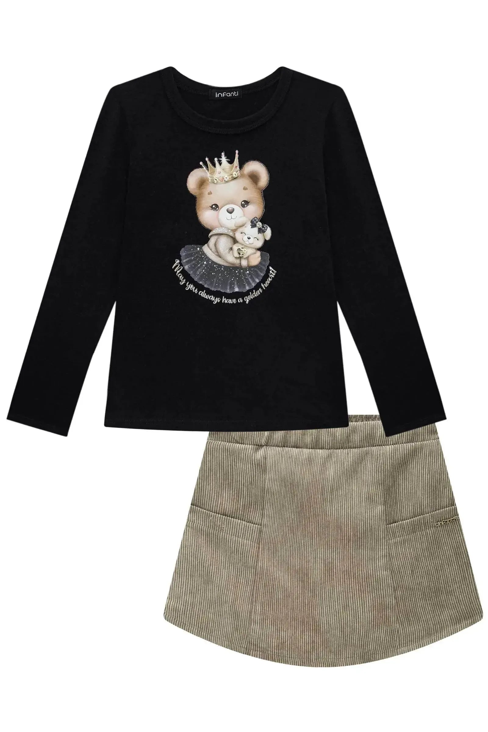Conjunto de Blusa em Cotton e Short Saia em Veludo Cotelê Gold 93044 Infanti Infantil Menina