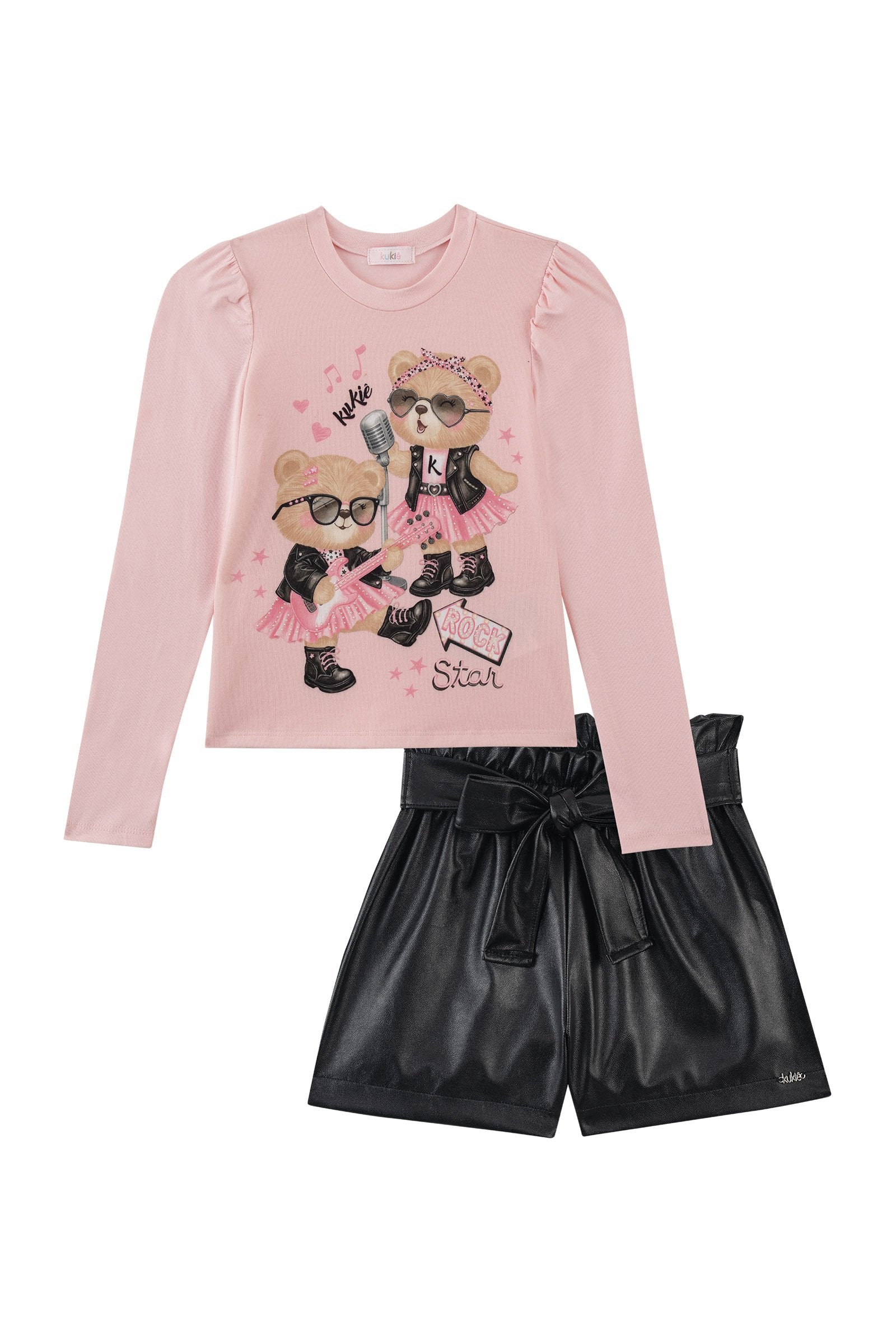 Conjunto de Blusa em Cotton e Shorts em Couro Eco 93777 Kukiê Infantil Menina