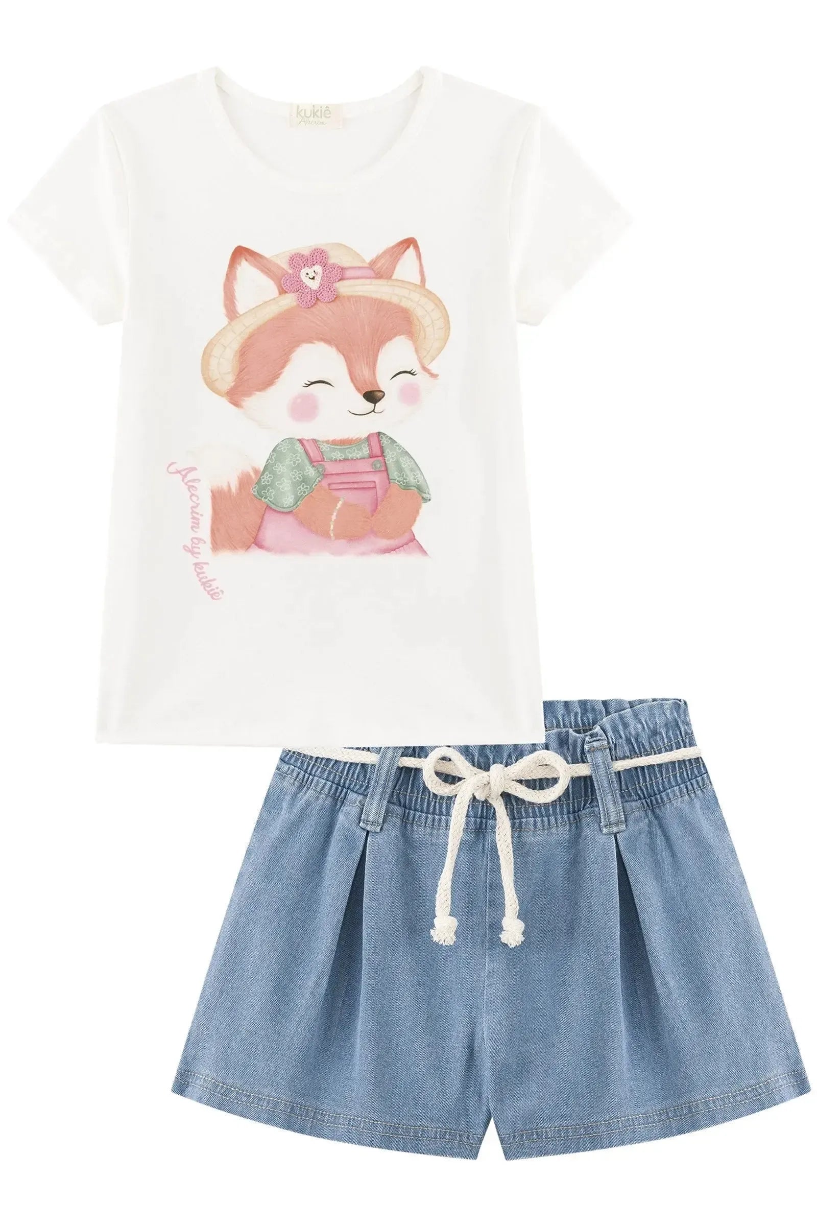 Conjunto de Blusa em Cotton e Shorts em Jeans com Elastano 92986 Kukiê Infantil Menina