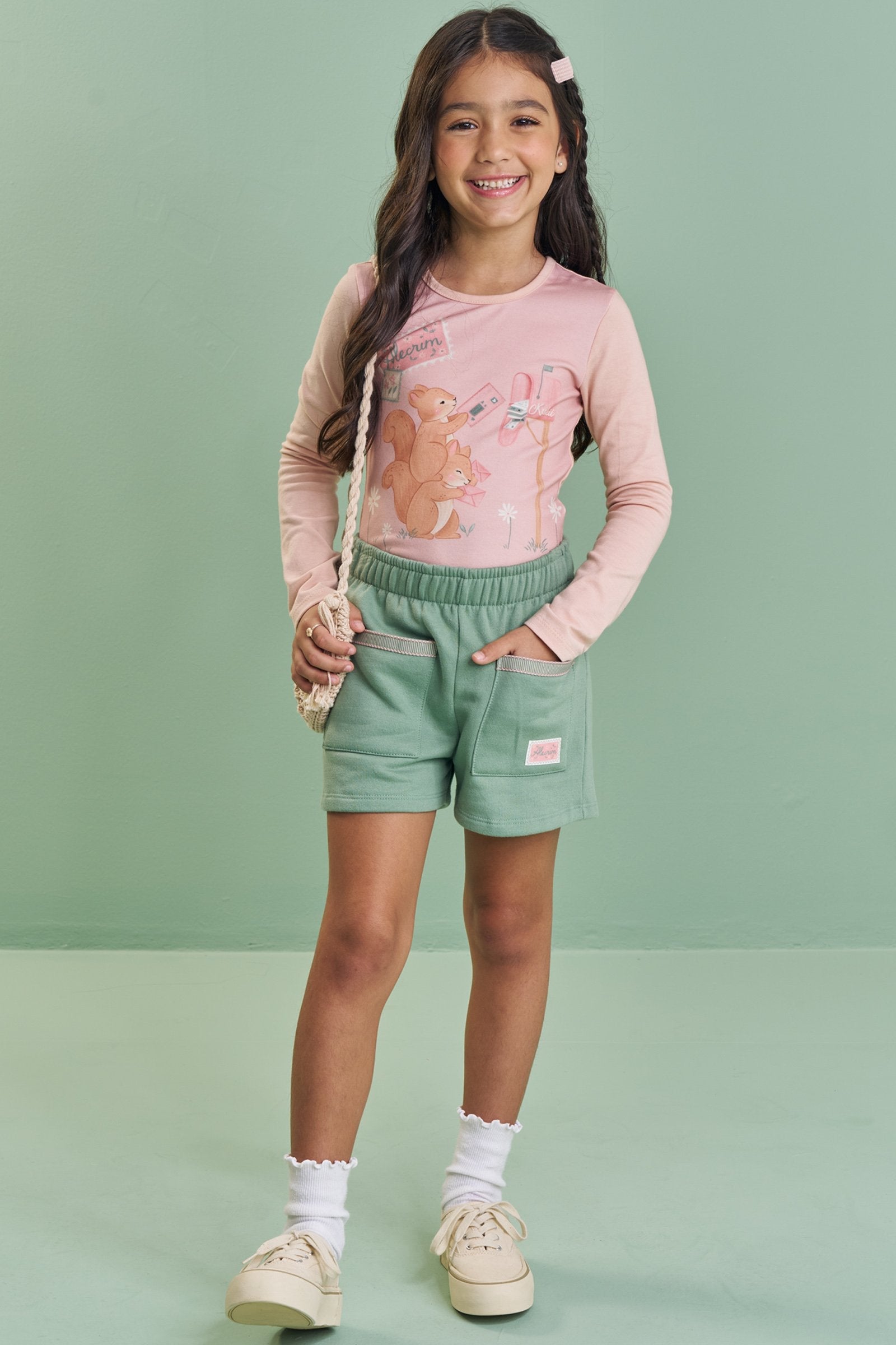 Conjunto de Blusa em Cotton e Shorts em Moletom com Pelúcia 89586 Kukiê Infantil Menina