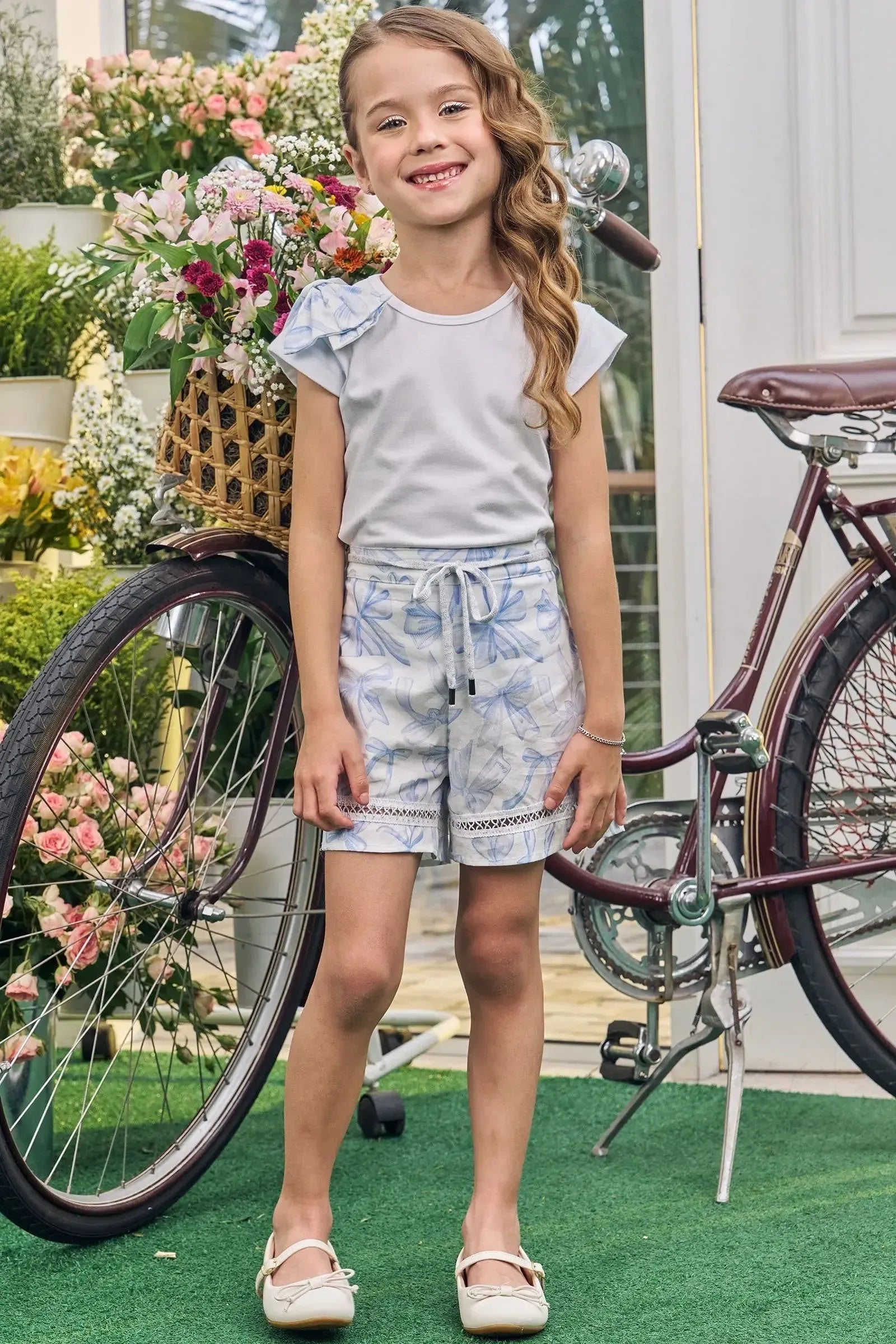 Conjunto de Blusa em Cotton e Shorts em Tricoline com Elastano 83195 Kukiê Infantil Menina