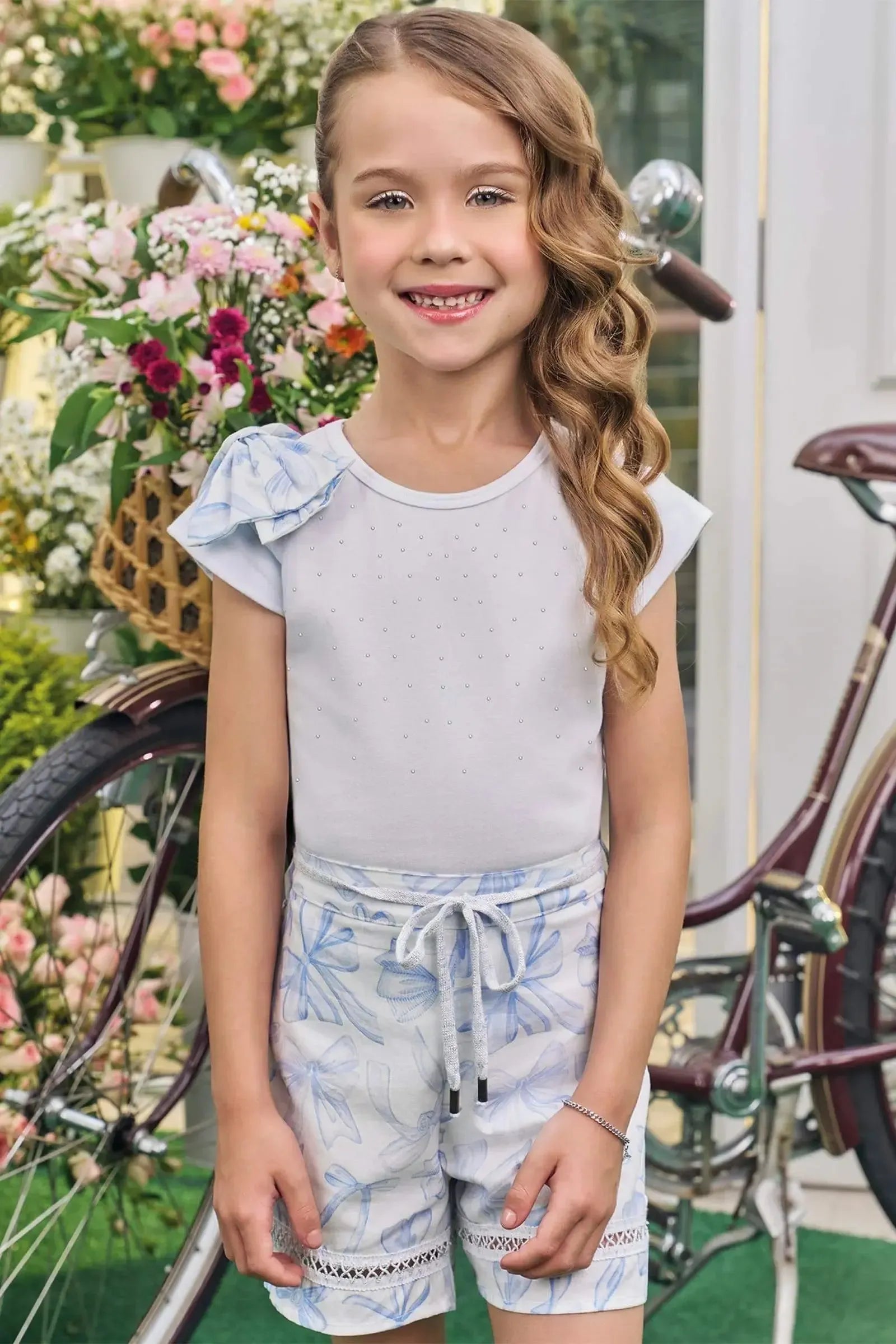 Conjunto de Blusa em Cotton e Shorts em Tricoline com Elastano 83195 Kukiê Infantil Menina