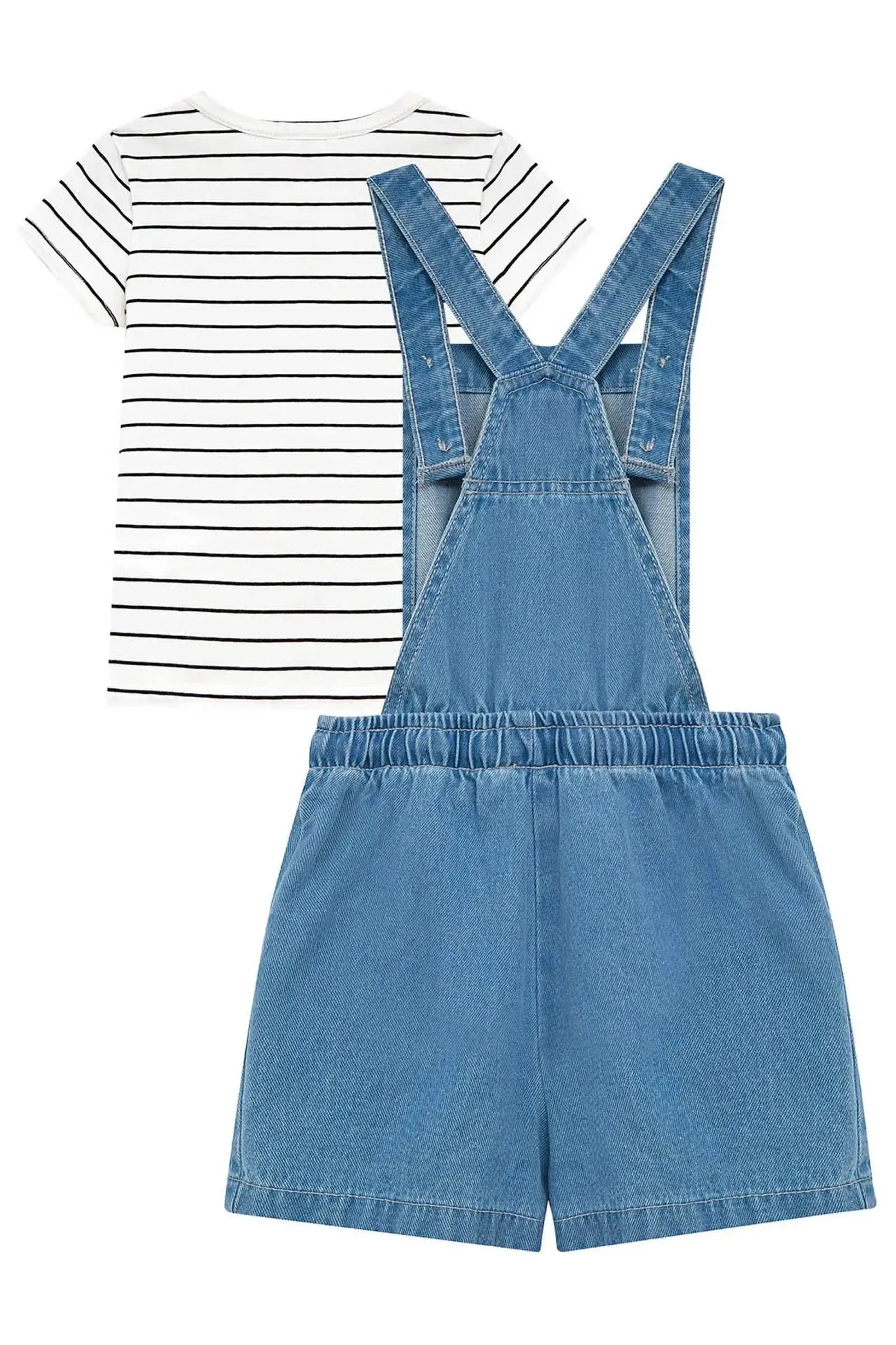 Conjunto de Blusa em Cotton Fio Tinto e Jardineira em Jeans 97130 Kukiê Infantil Menina