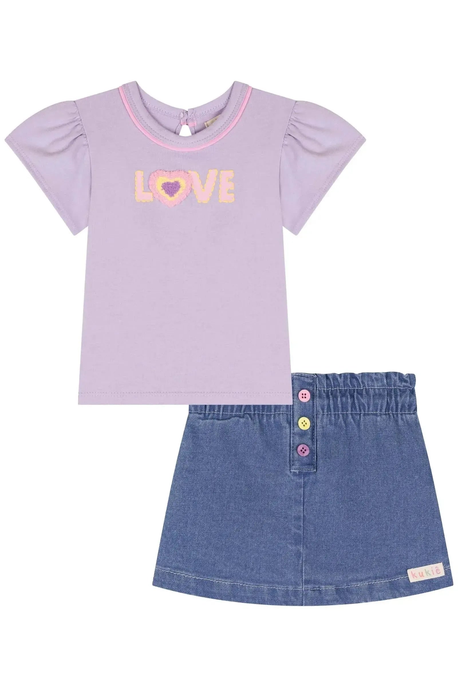 Conjunto de Blusa em Cotton Short Saia em Jeans 85520 Kukiê Bebê Menina