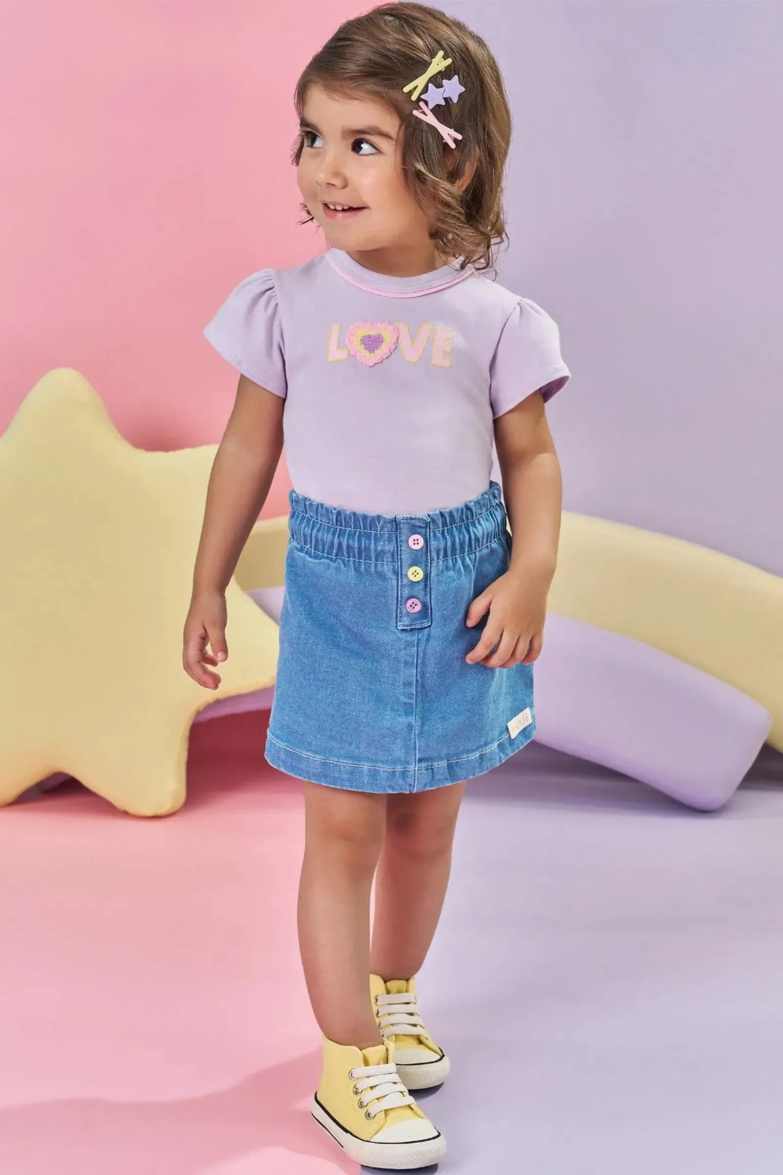 Conjunto de Blusa em Cotton Short Saia em Jeans 85520 Kukiê Bebê Menina