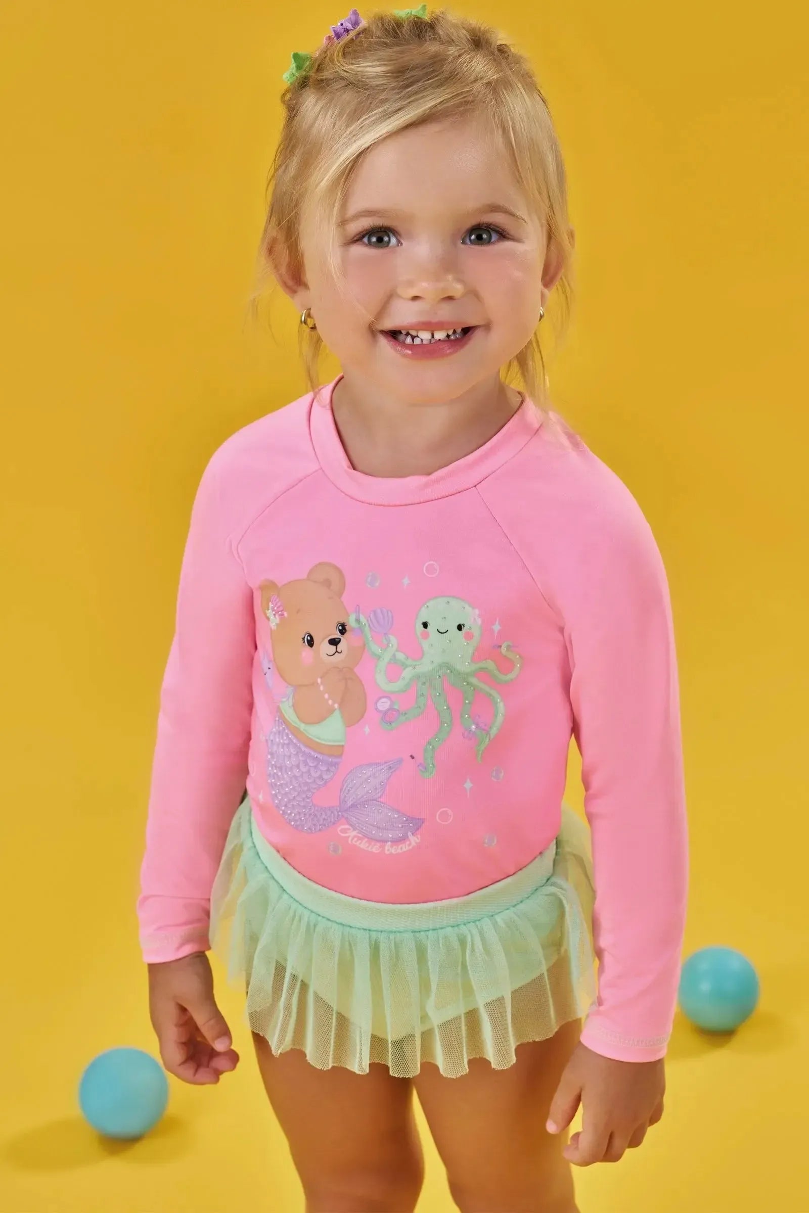 Conjunto de Blusa em Malha com Proteção UV50+ e Calcinha em Jaquard Textura 87745 Kukiê Bebê Menina