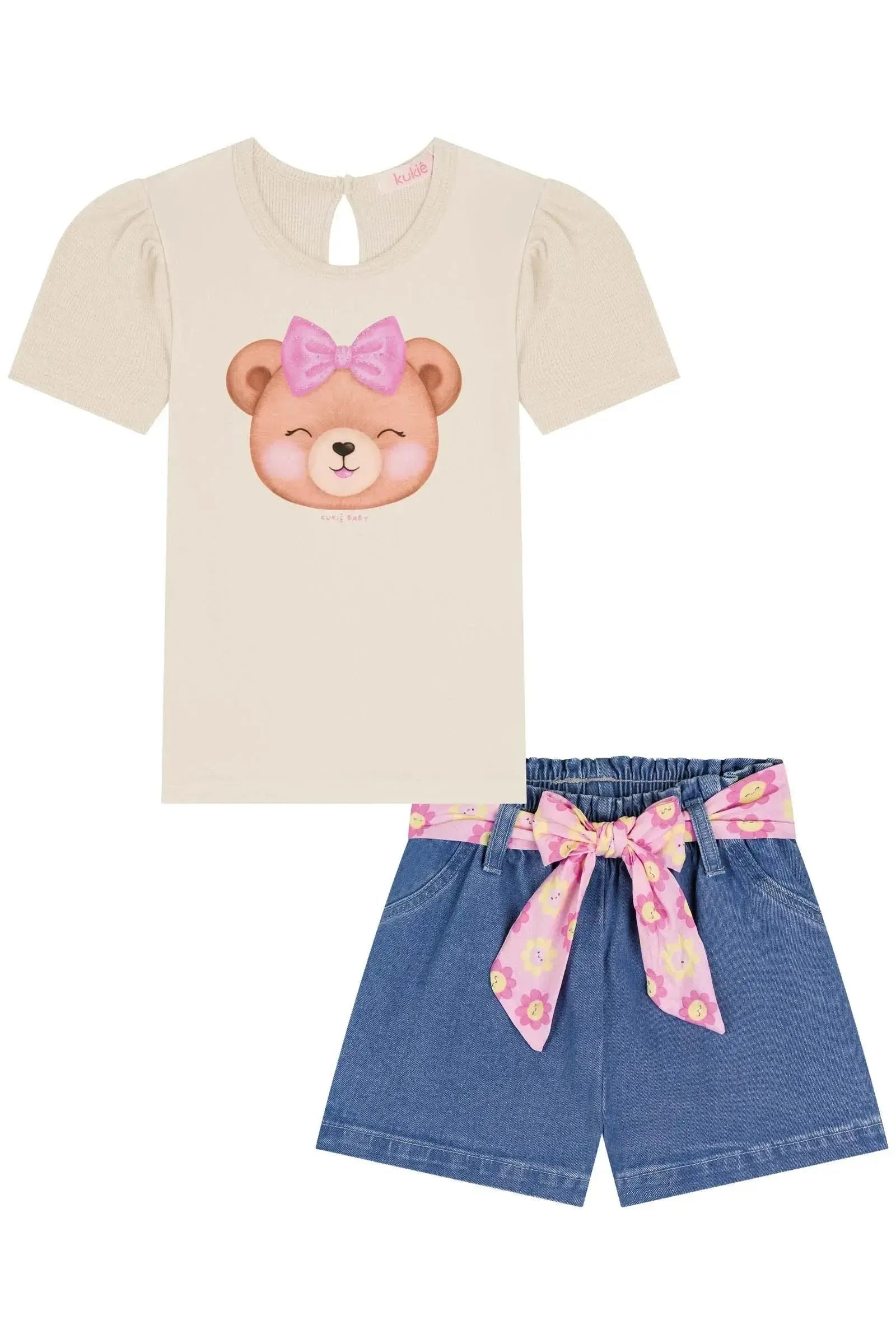 Conjunto de Blusa em Malha Little Waffle e Shorts Jeans com Elastano 85401 Kukiê Infantil Menina