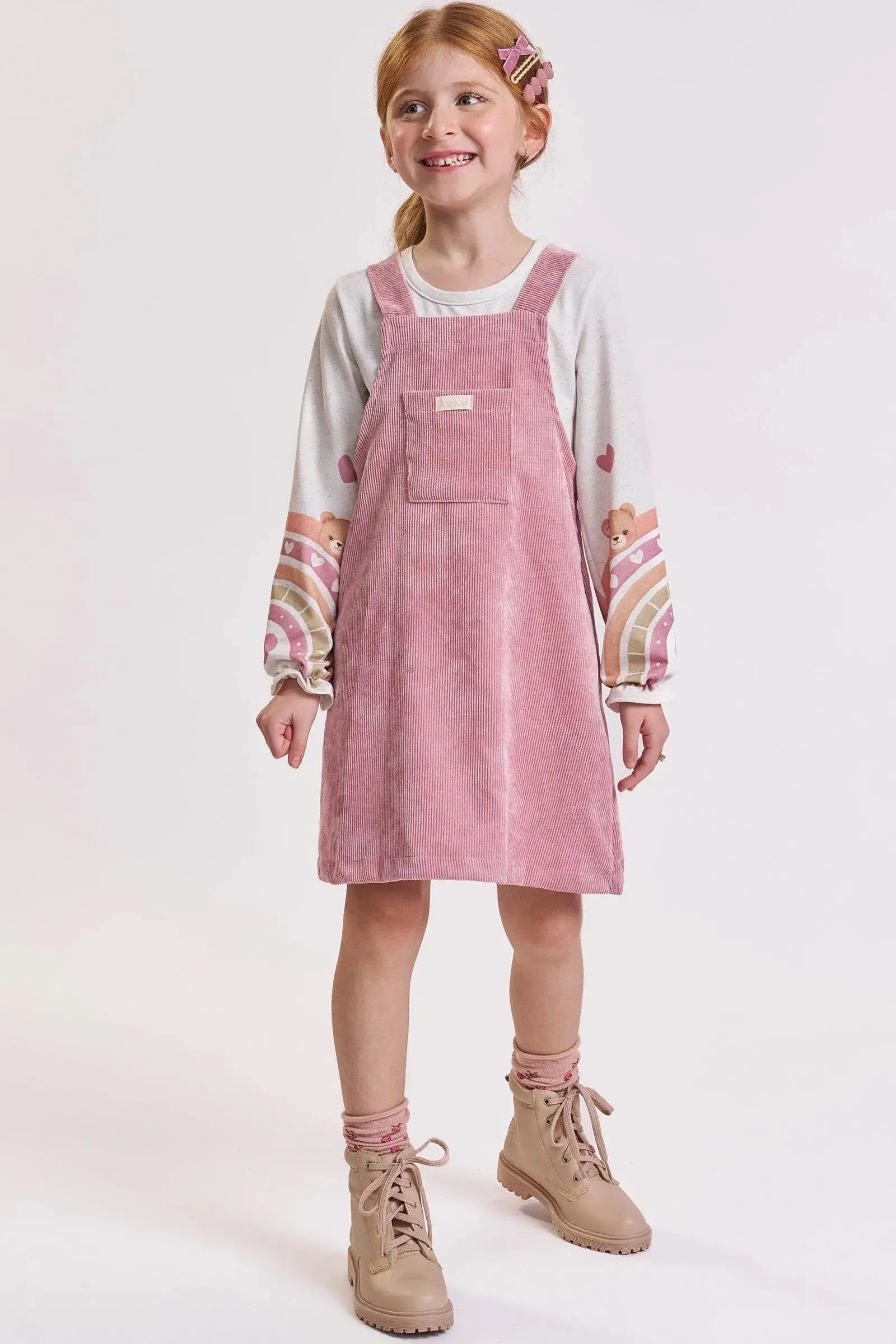 Conjunto de Blusa em Malha Power e Salopete em Veludo Cotelê 92771 Kukiê Infantil Menina