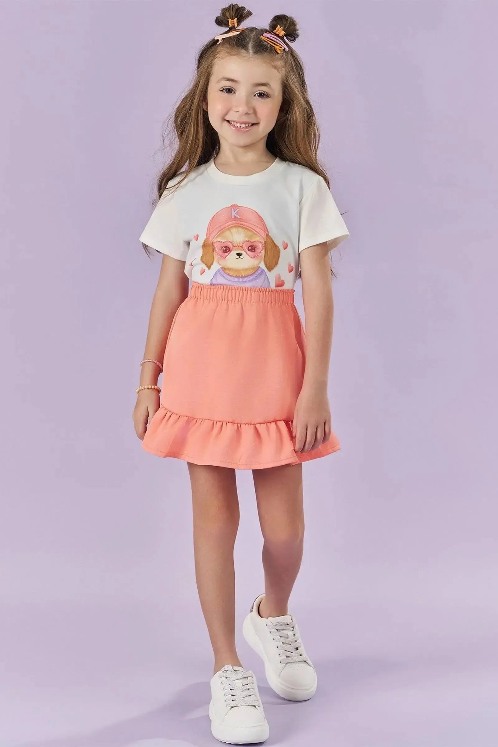 Conjunto de Blusa em Malha Power e Short Saia em Tecido Alfaiataria 86009 Kukiê Infantil Menina