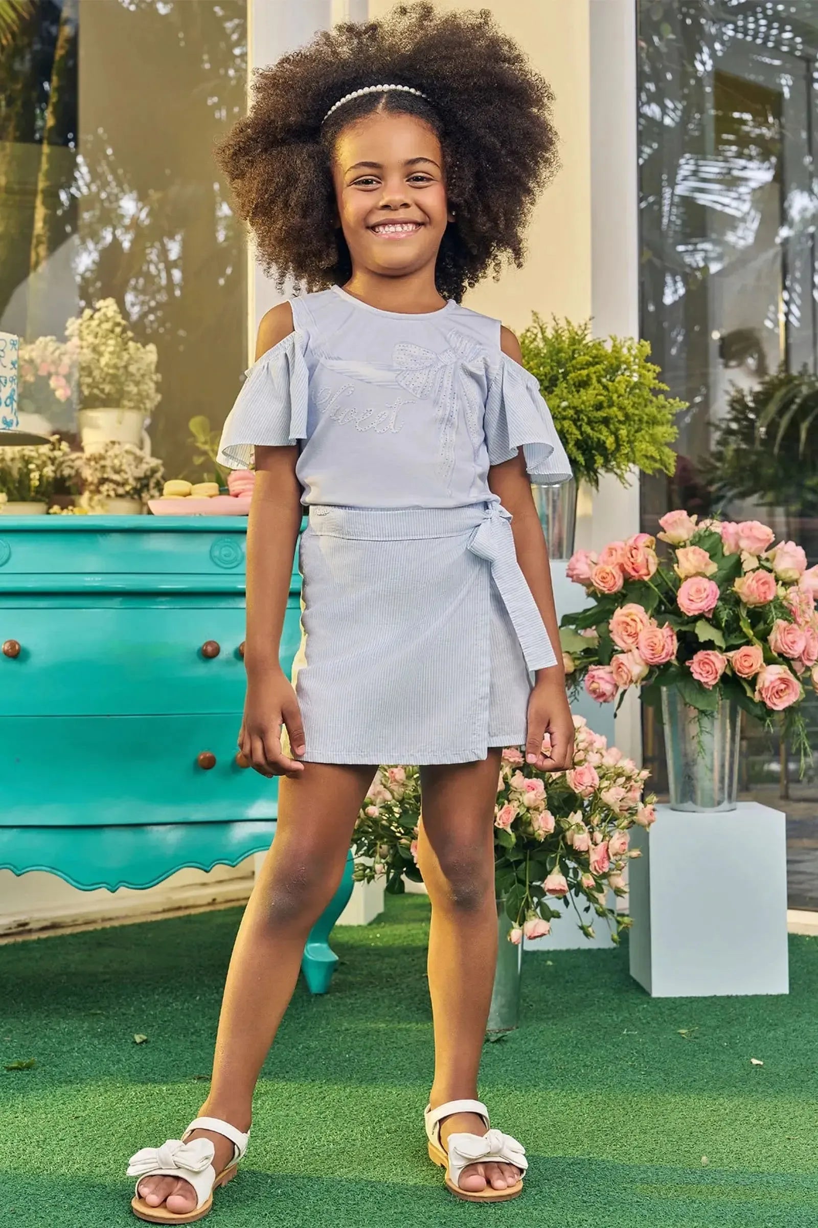 Conjunto de Blusa em Malha Power e Short Saia em Tricoline 100% Algodão 83750 Kukiê Infantil Menina
