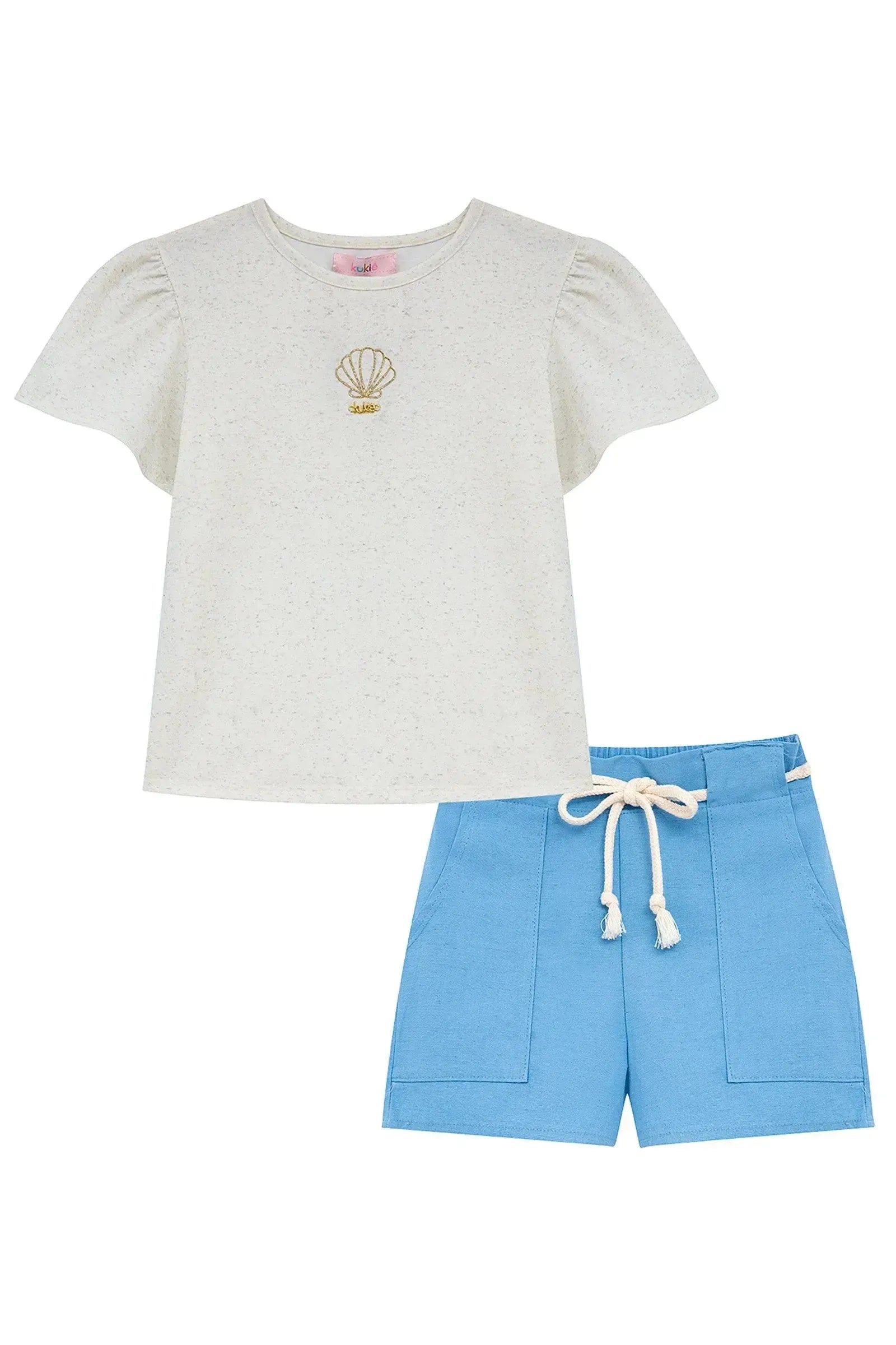 Conjunto de Blusa em Malha Power e Shorts em Linho Santorine 95870 Kukiê Infantil Menina