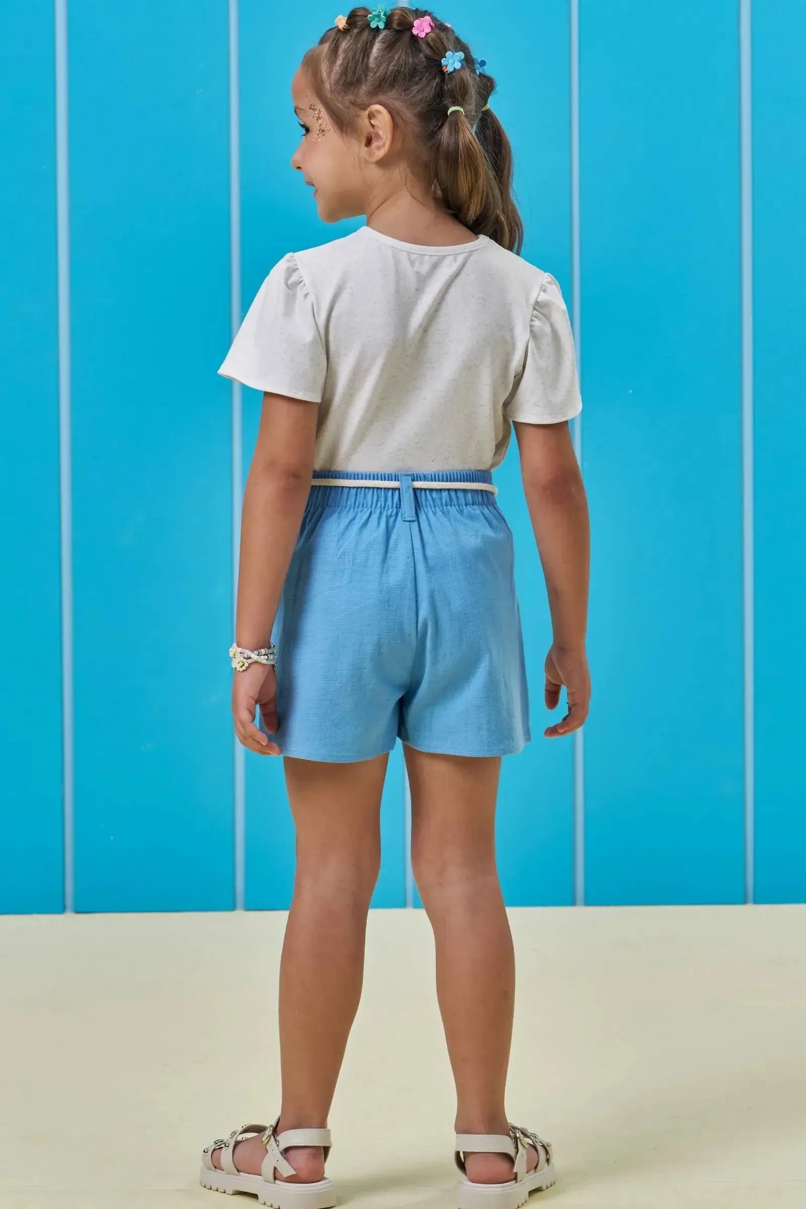 Conjunto de Blusa em Malha Power e Shorts em Linho Santorine 95870 Kukiê Infantil Menina