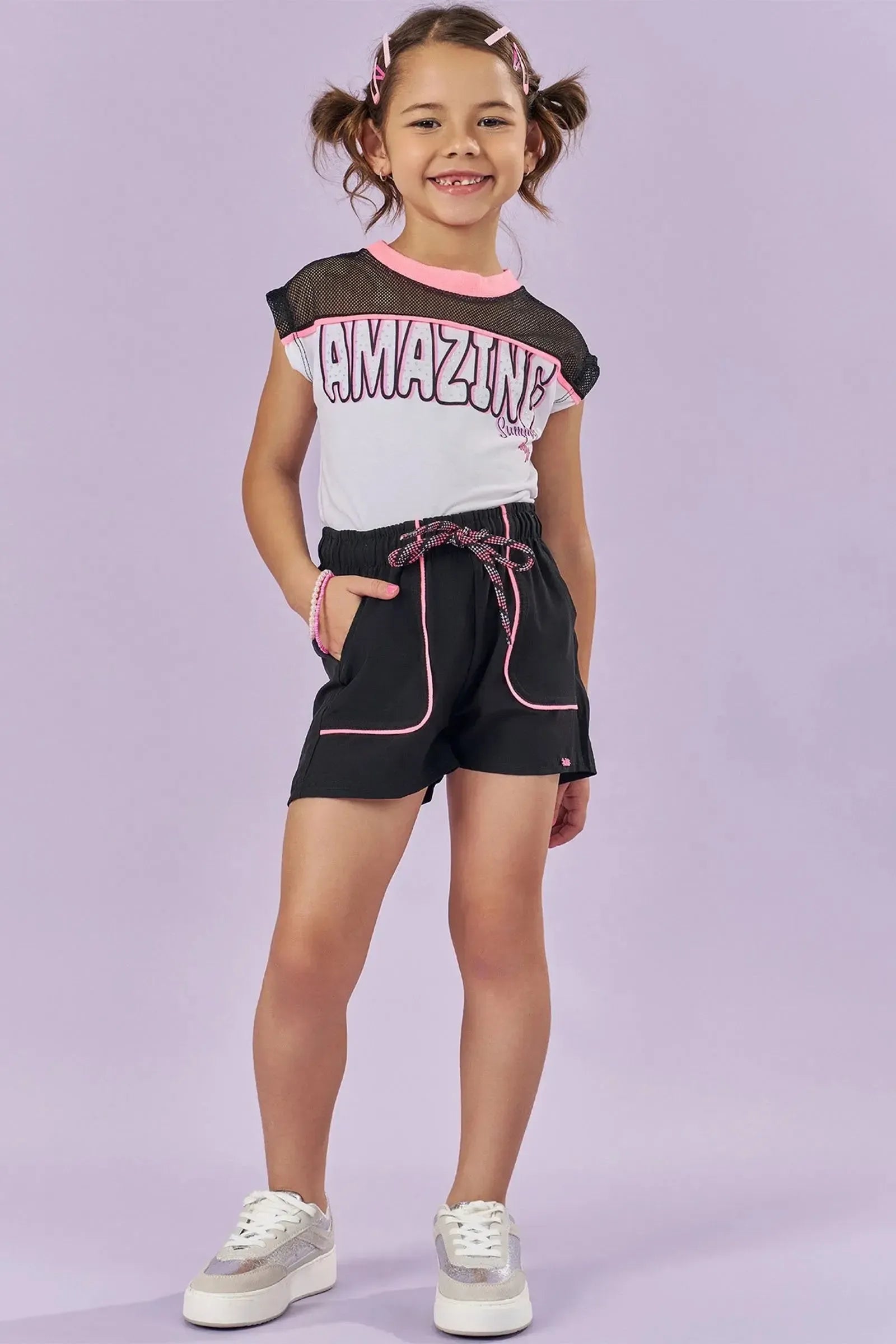 Conjunto de Blusa em Malha Power e Shorts em Nylon 85266 Kukiê Infantil Menina