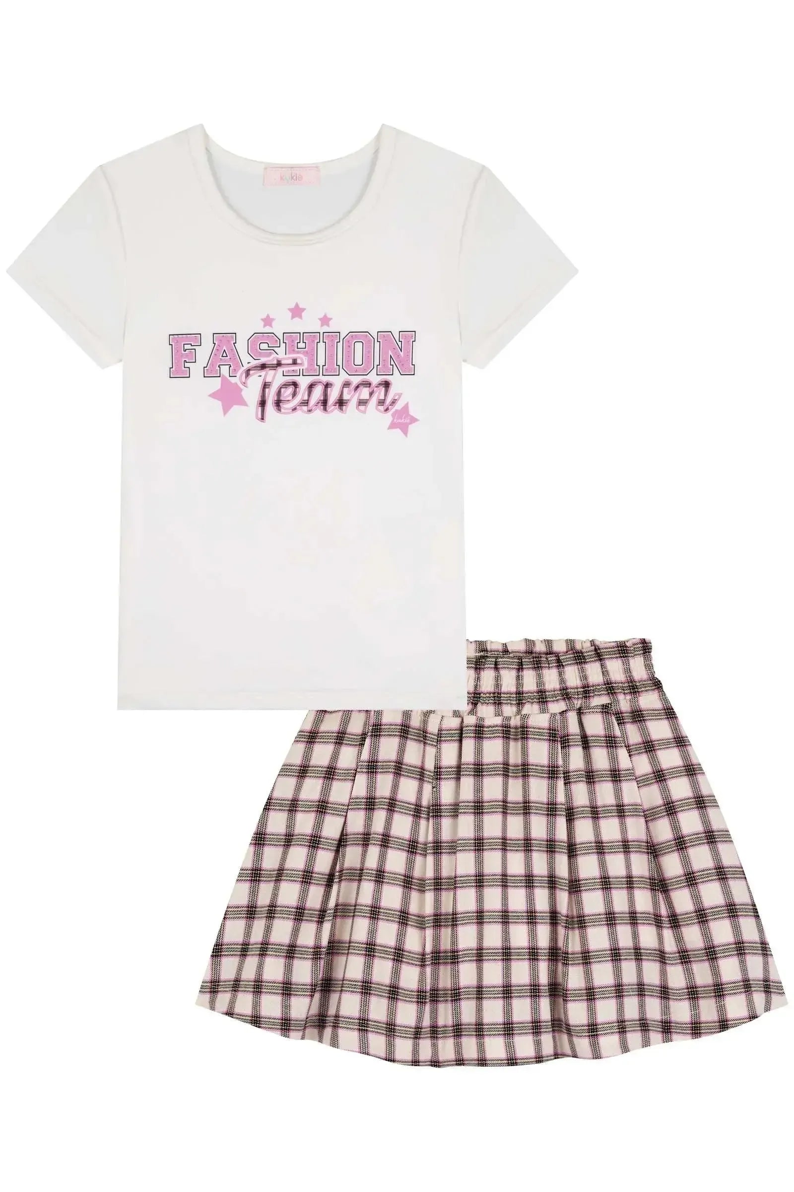 Conjunto de Blusa em Malha UV e Saia em Tecido Xadrez 100% Algodão(com Shorts Embutido) 85984 Kukiê Infantil Menina
