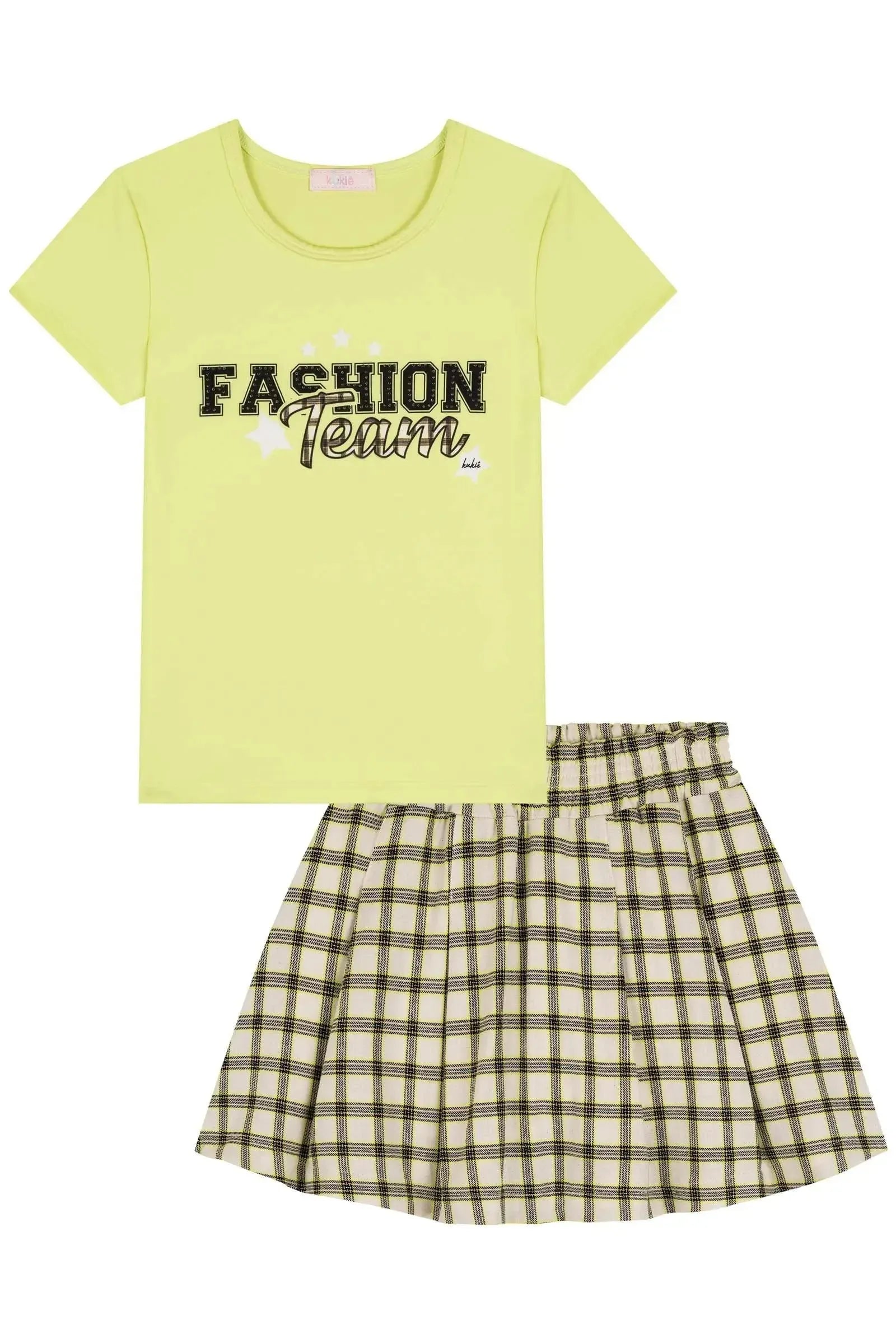 Conjunto de Blusa em Malha UV e Saia em Tecido Xadrez 100% Algodão(com Shorts Embutido) 85984 Kukiê Infantil Menina