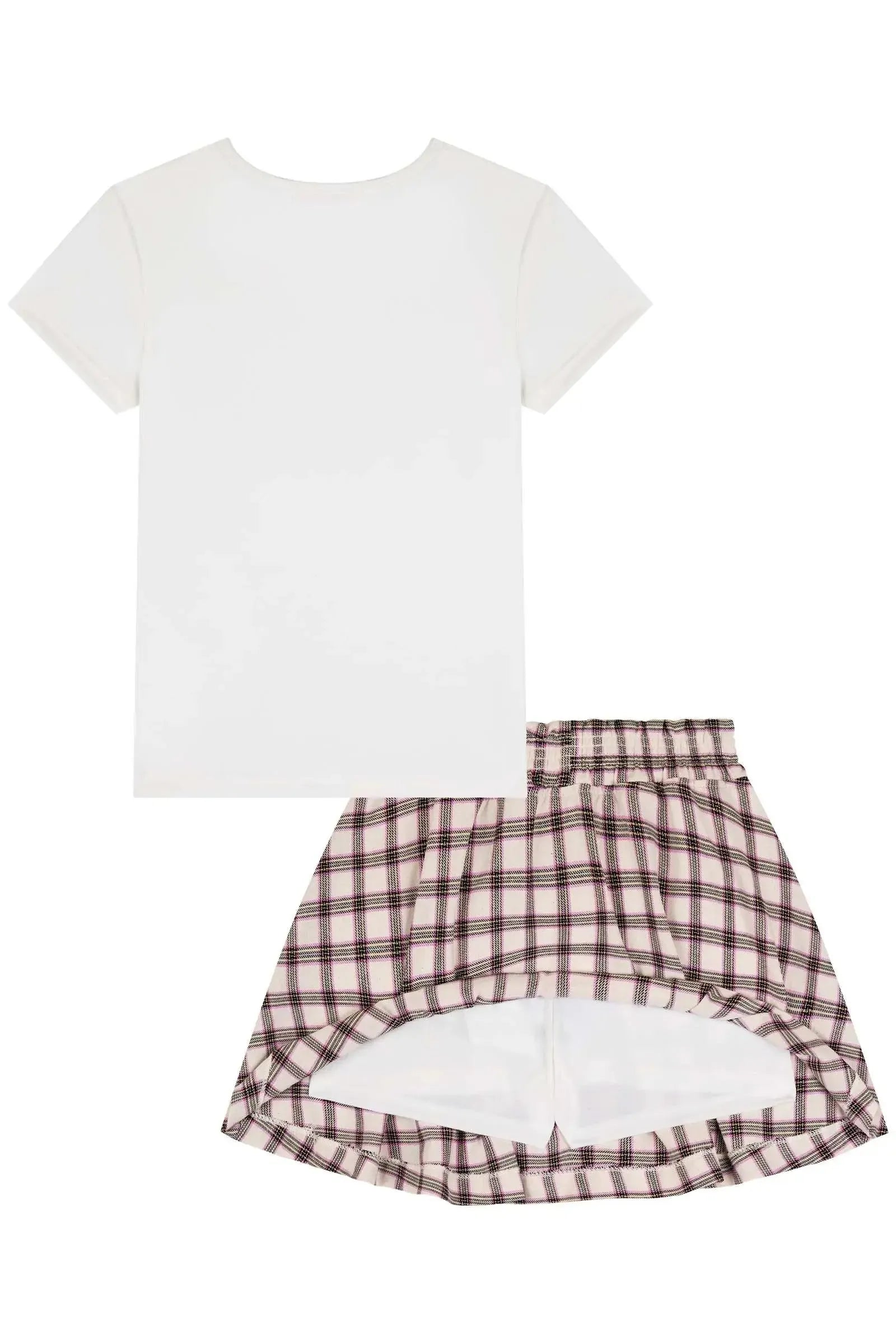 Conjunto de Blusa em Malha UV e Saia em Tecido Xadrez 100% Algodão(com Shorts Embutido) 85984 Kukiê Infantil Menina