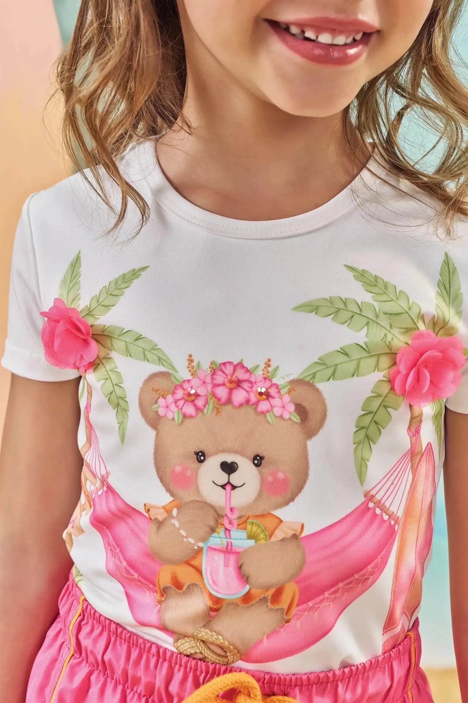 Conjunto de Blusa em Malha UV e Short em Nylon 83993 Kukiê Infantil Menina