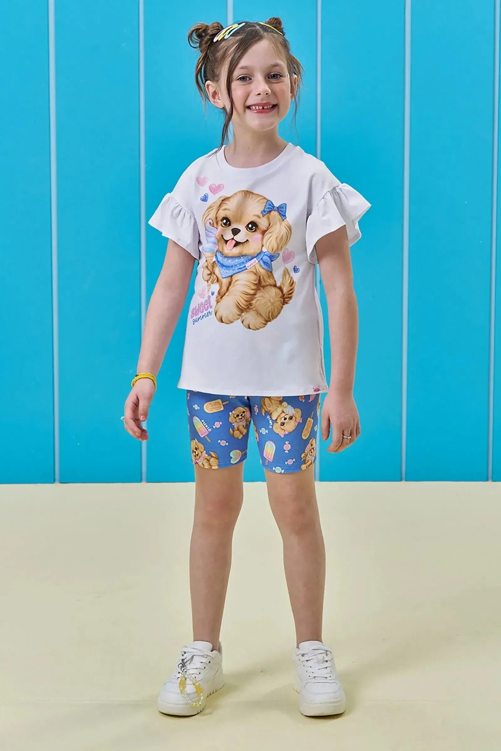 Conjunto de Blusa em Meia Malha e Bermuda Biker em Molecotton 96679 Kukiê Infantil Menina
