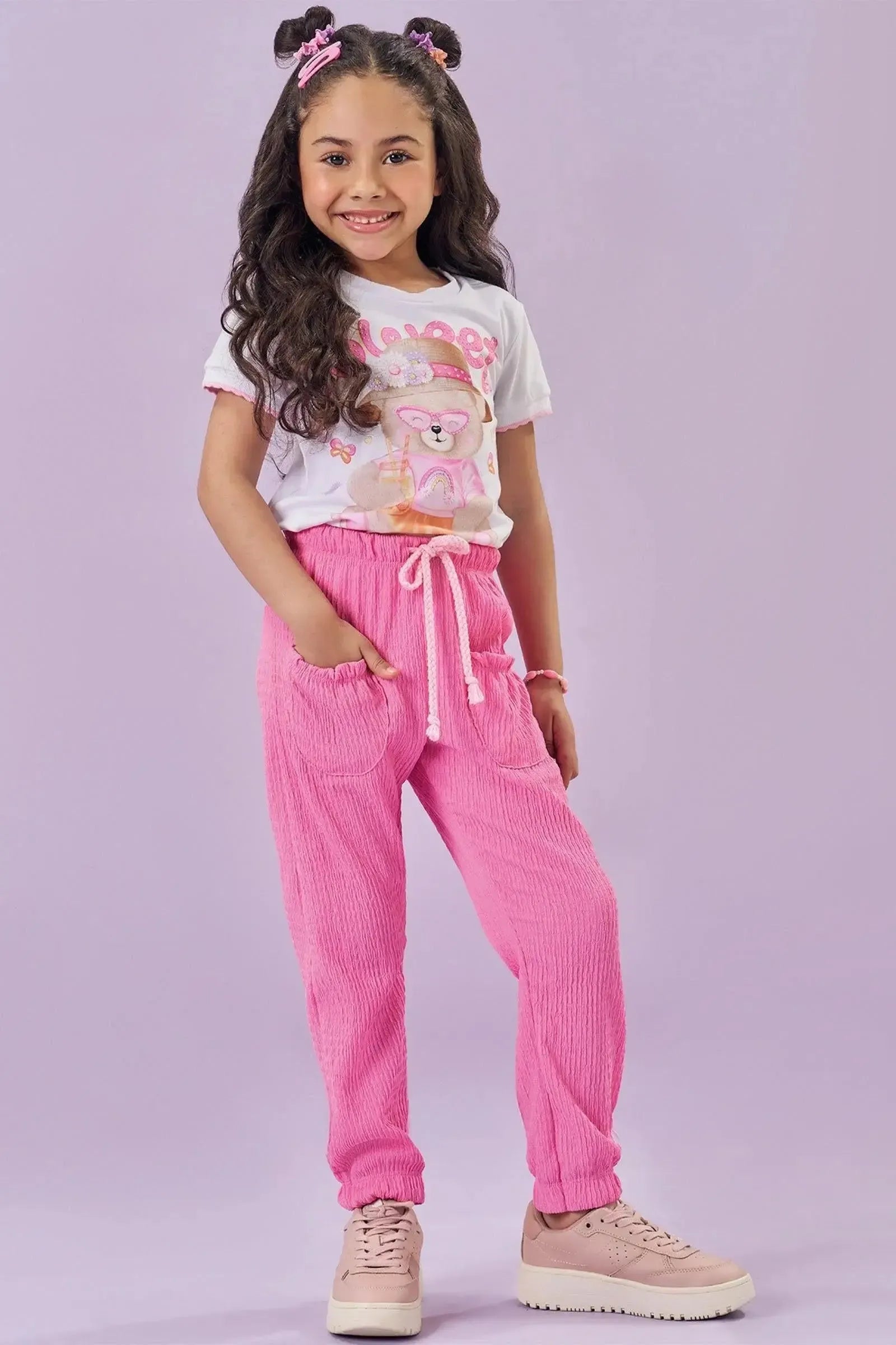 Conjunto de Blusa em Meia Malha e Calça Jogger em Malha Textura 84122 Kukiê Infantil Menina