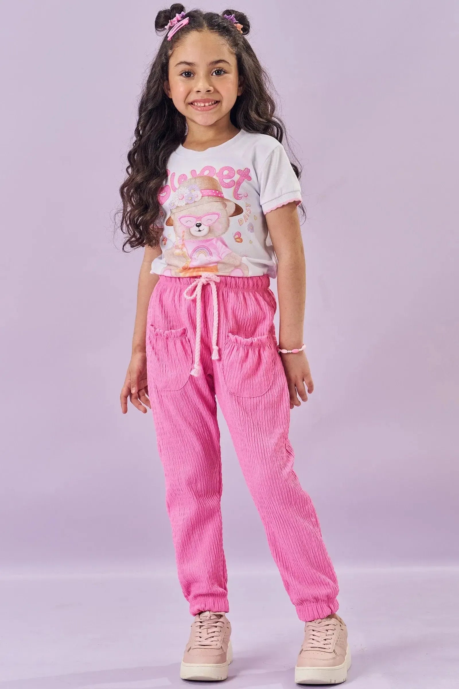 Conjunto de Blusa em Meia Malha e Calça Jogger em Malha Textura 84122 Kukiê Infantil Menina