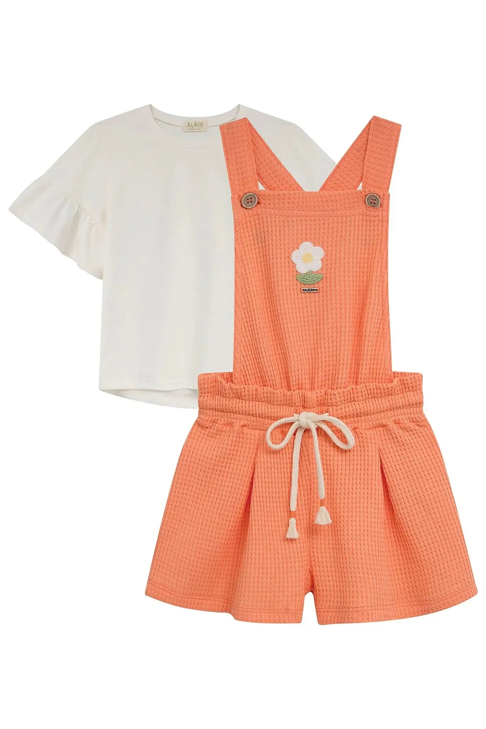 Conjunto de Blusa em Meia Malha e Jardineira em Malha Big Waffle 95010 Kukiê Infantil Menina