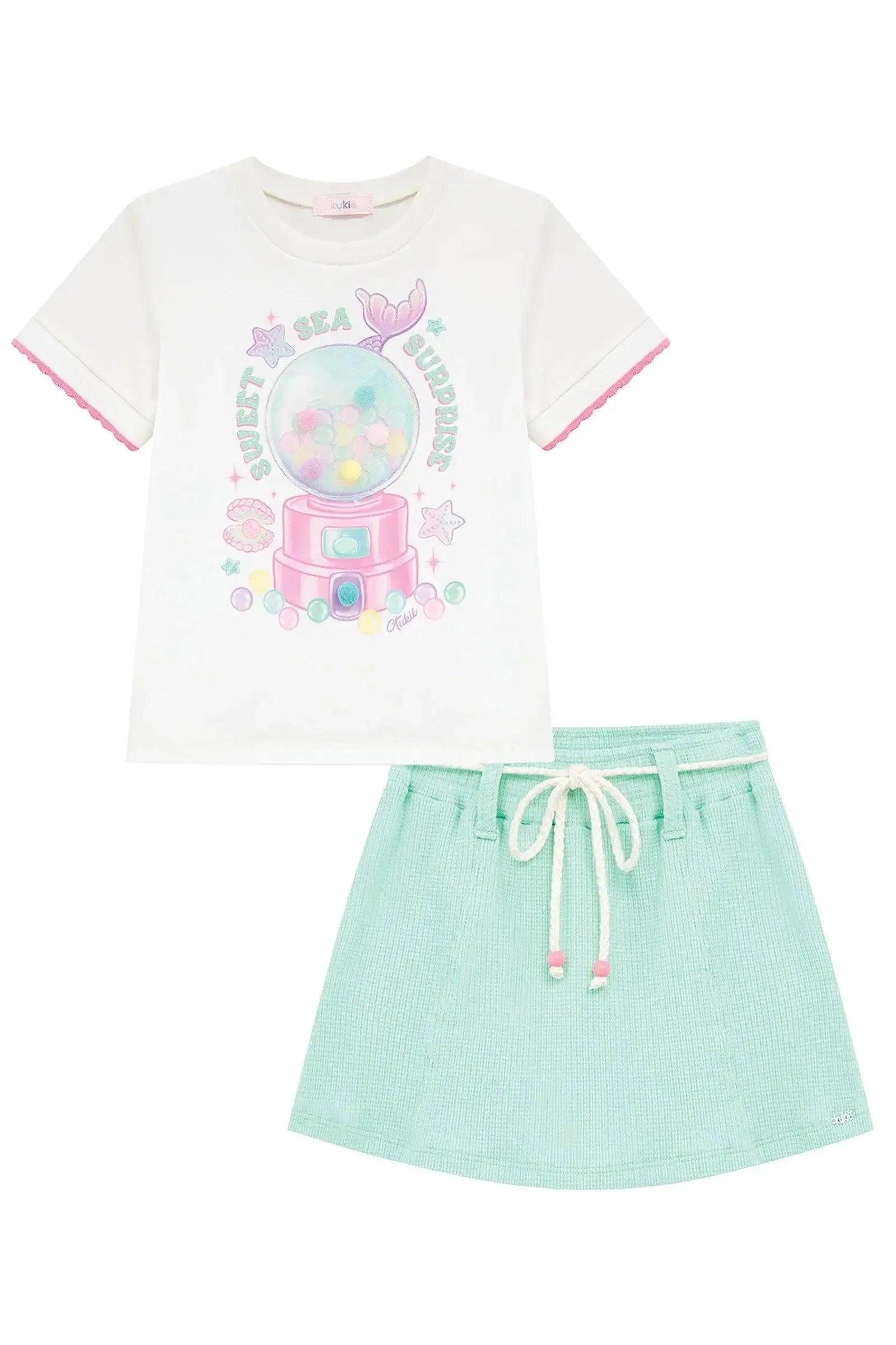 Conjunto de Blusa em Meia Malha e Short Saia em Malha Waffle 96587 Kukiê Infantil Menina