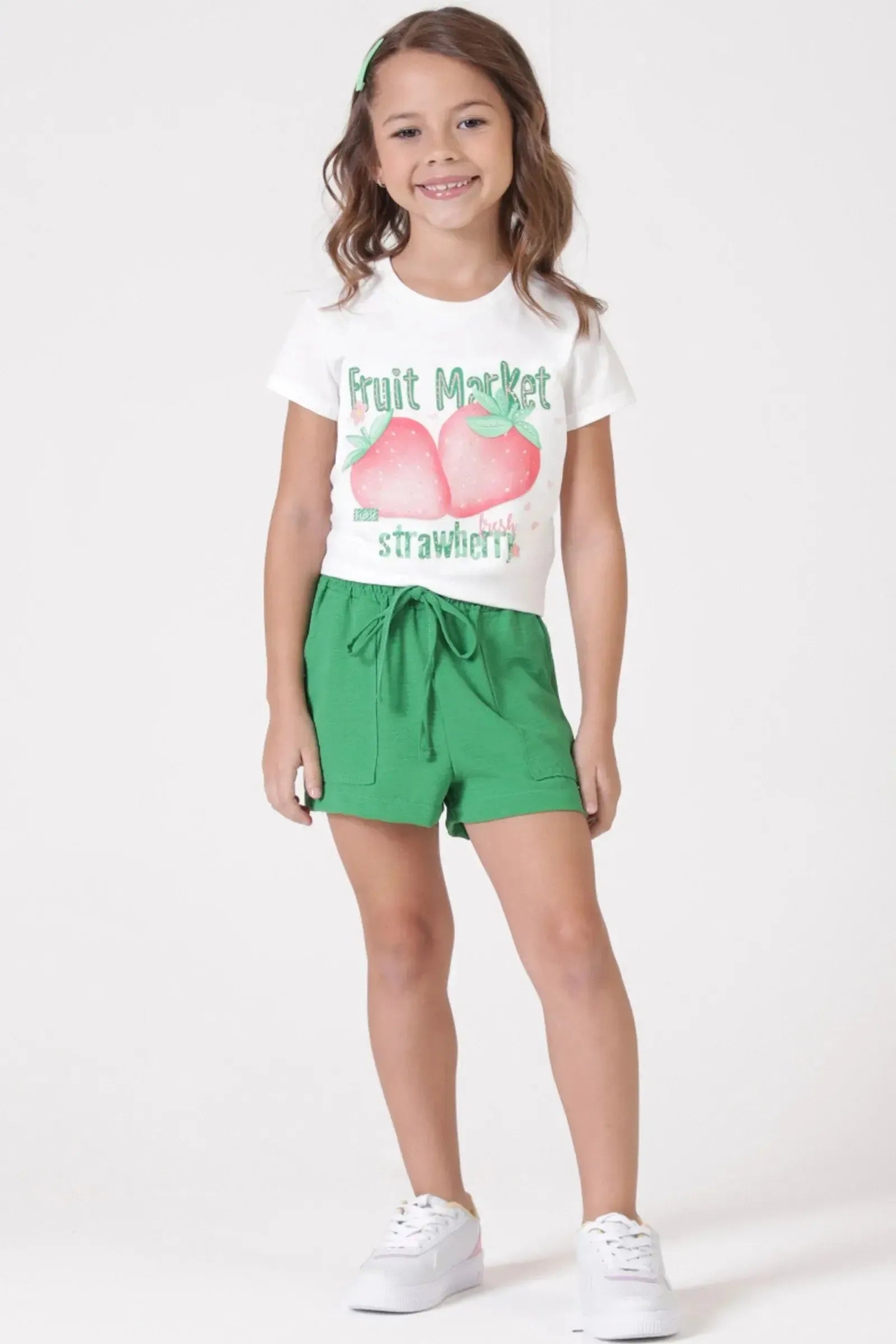 Conjunto de Blusa em Meia Malha e Shorts em Air Flow 89381 Kukiê Infantil Menina
