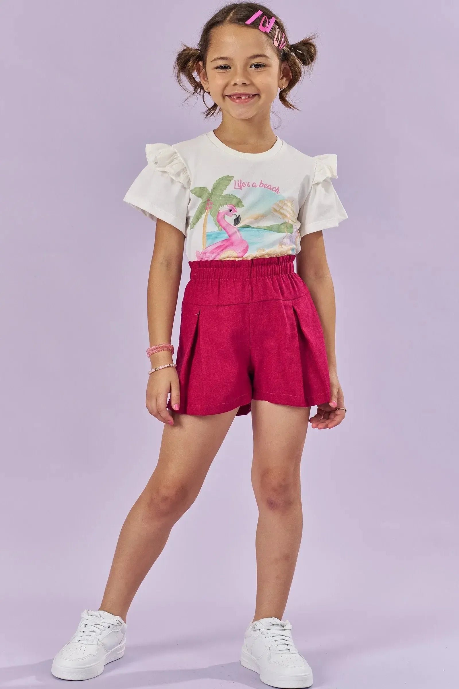 Conjunto de Blusa em Meia Malha e Shorts em Blend de Linho 86006 Kukiê Infantil Menina