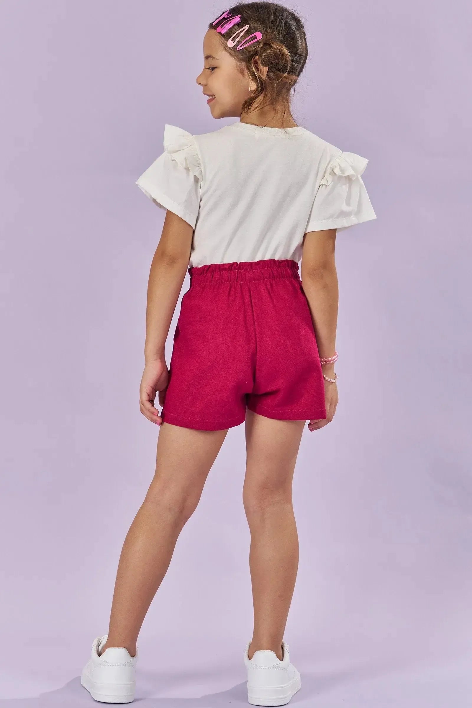 Conjunto de Blusa em Meia Malha e Shorts em Blend de Linho 86006 Kukiê Infantil Menina