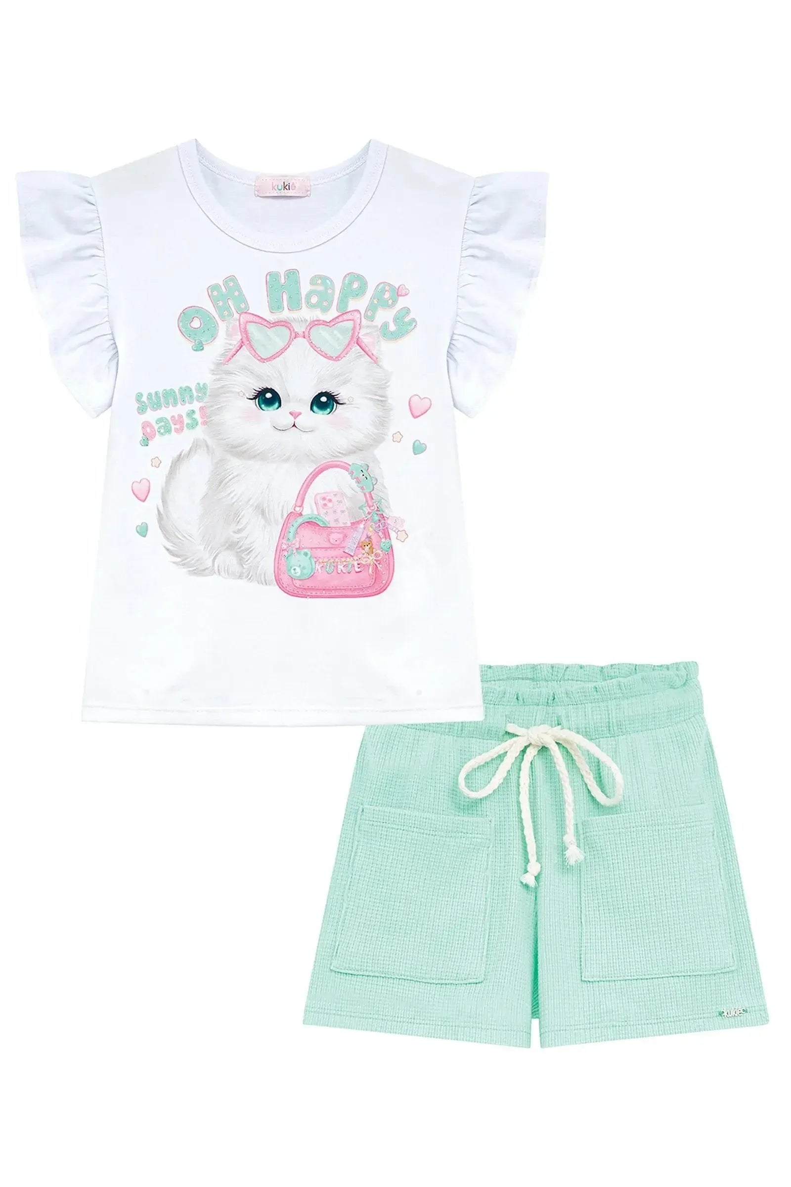 Conjunto de Blusa em Meia Malha e Shorts em Malha Waffle 95971 Kukiê Infantil Menina