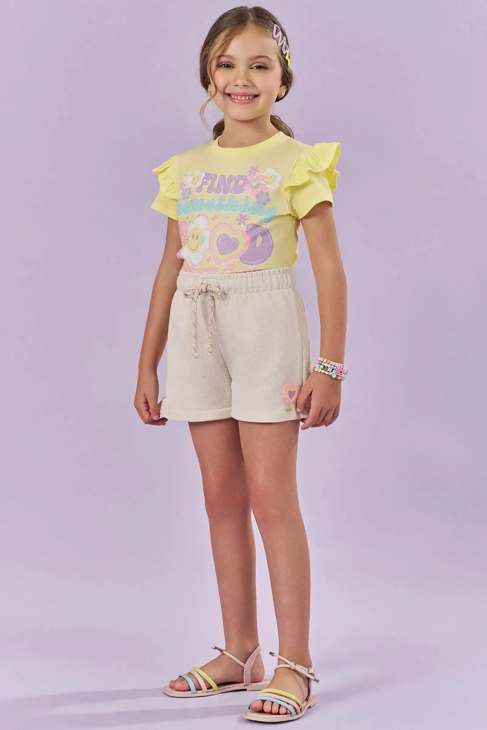 Conjunto de Blusa em Meia Malha e Shorts em Moletom 83229 Kukiê Infantil Menina