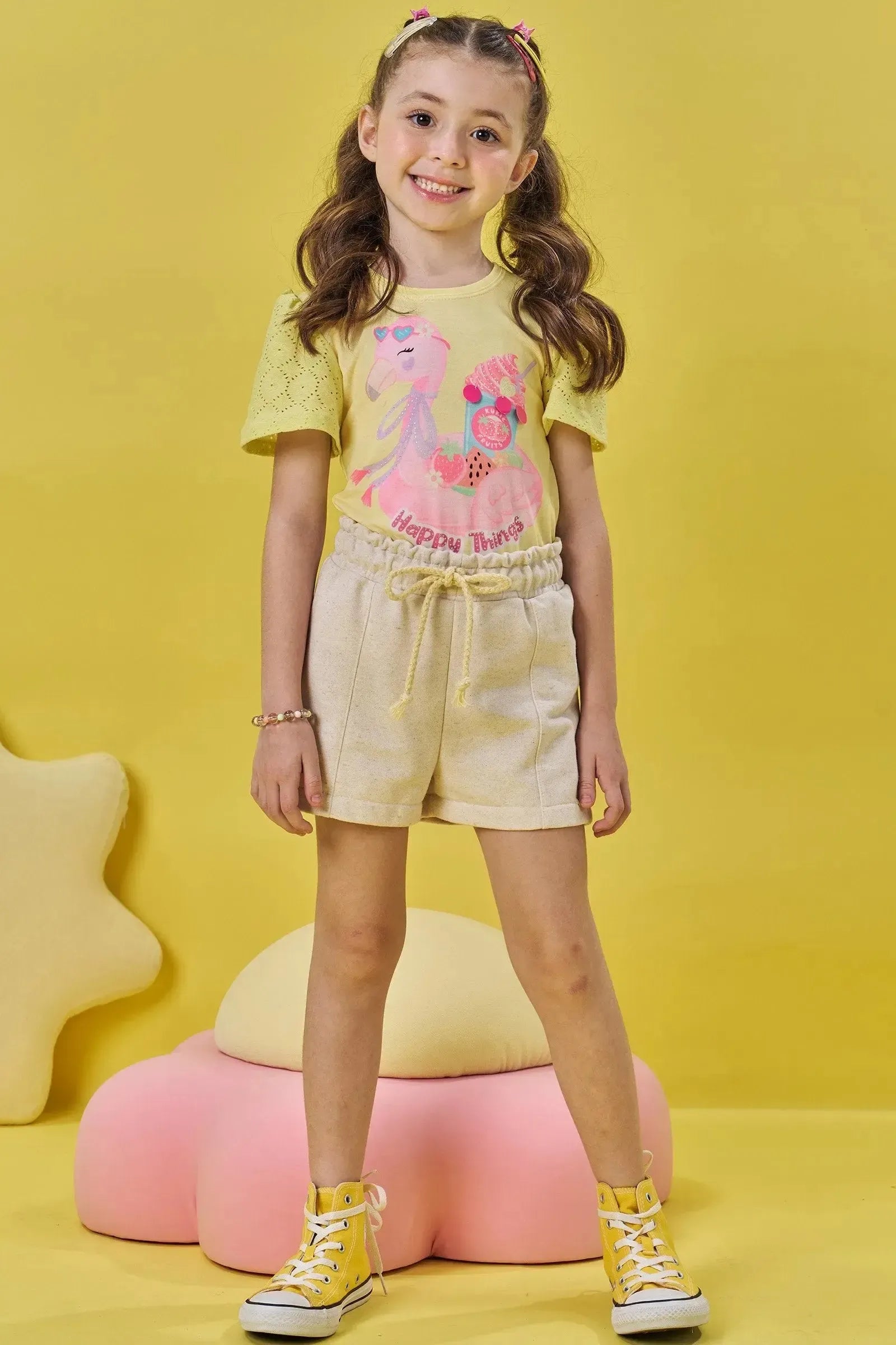 Conjunto de Blusa em Meia Malha e Shorts em Moletom 85215 Kukiê Infantil Menina
