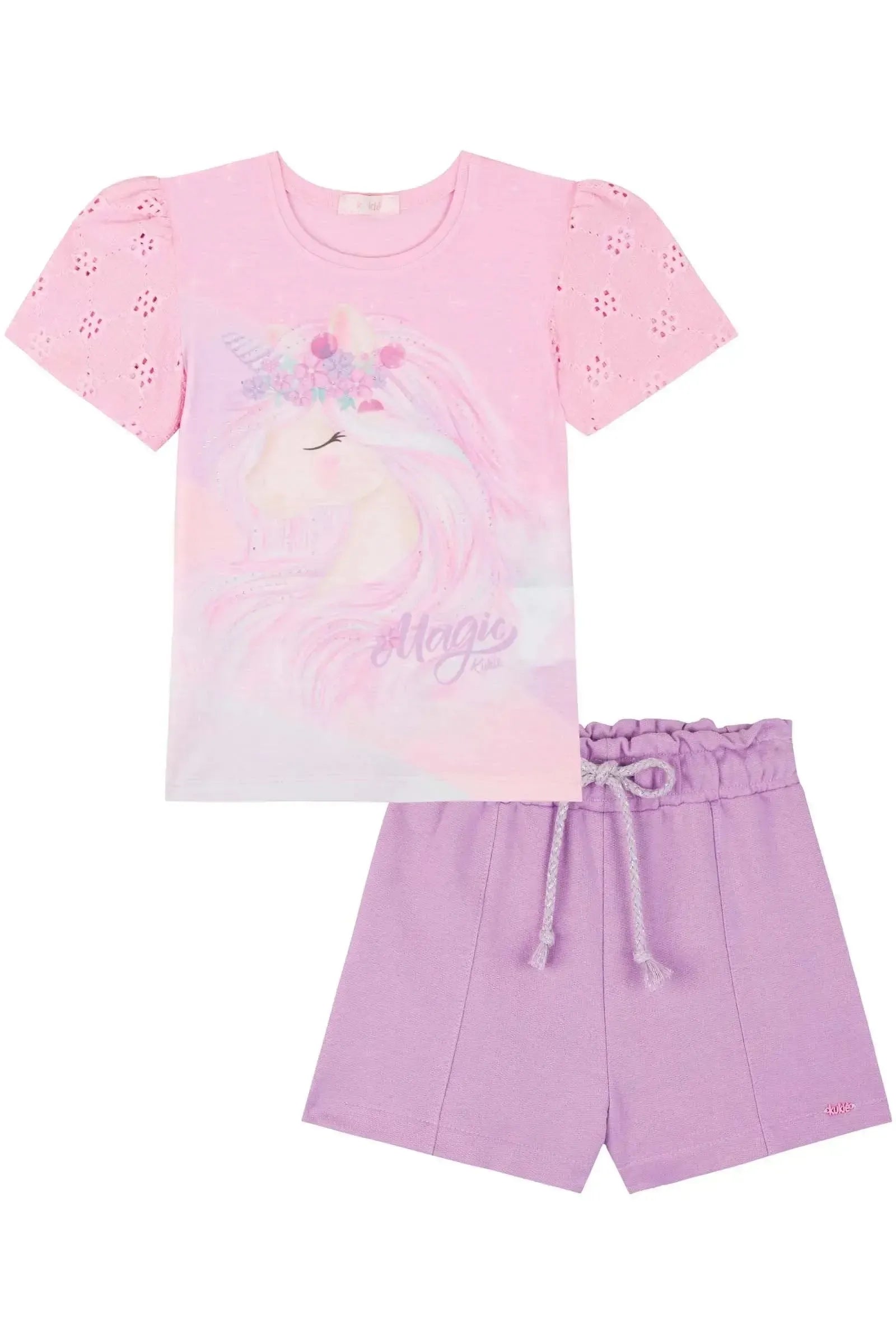 Conjunto de Blusa em Meia Malha e Shorts em Moletom 85215 Kukiê Infantil Menina