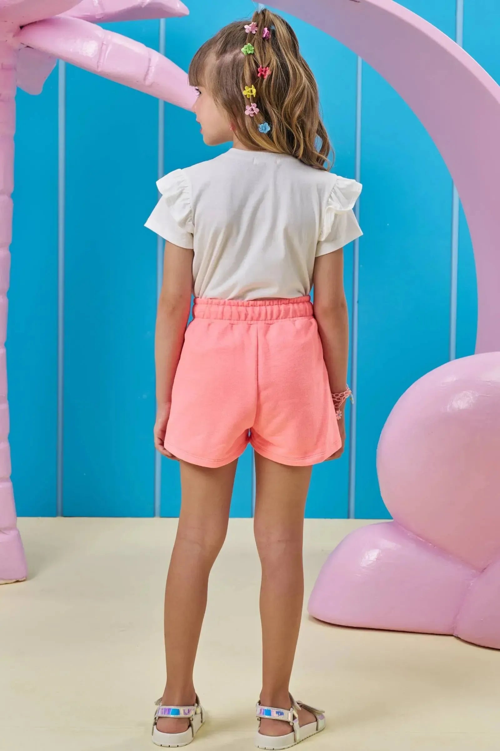 Conjunto de Blusa em Meia Malha e Shorts em Moletom 96362 Kukiê Infantil Menina