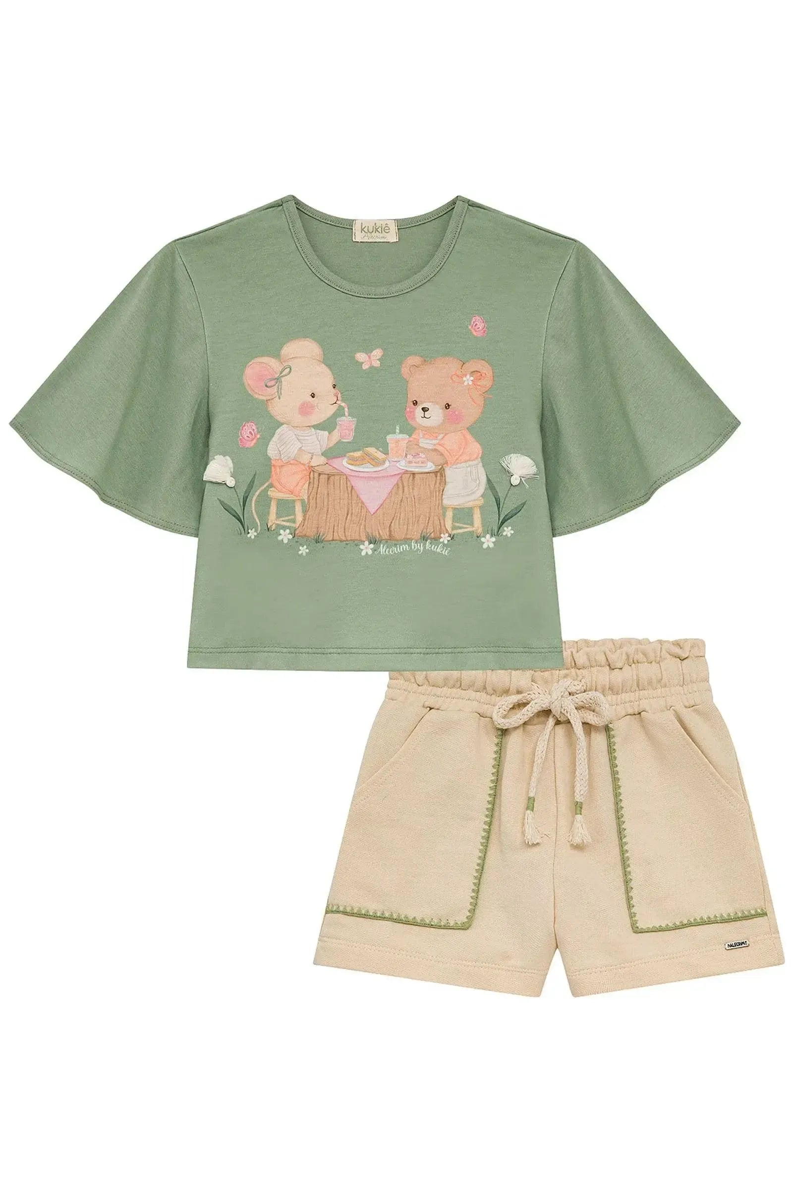 Conjunto de Blusa em Meia Malha e Shorts em Moletom sem Pelúcia 95070 Kukiê Infantil Menina