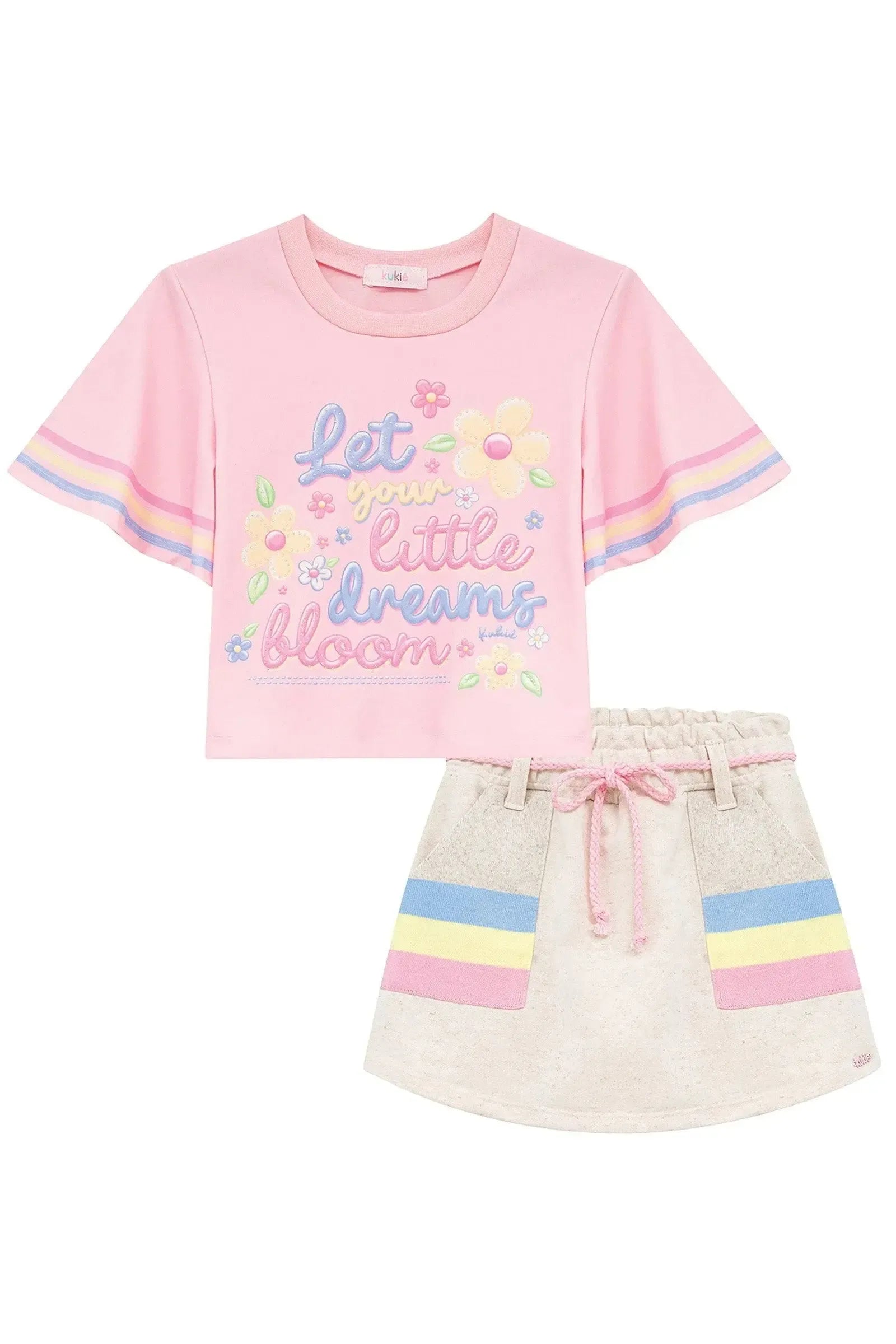 Conjunto de Blusa em Meia Malha e Shorts em Moletom sem Pelúcia 96686 Kukiê Infantil Menina