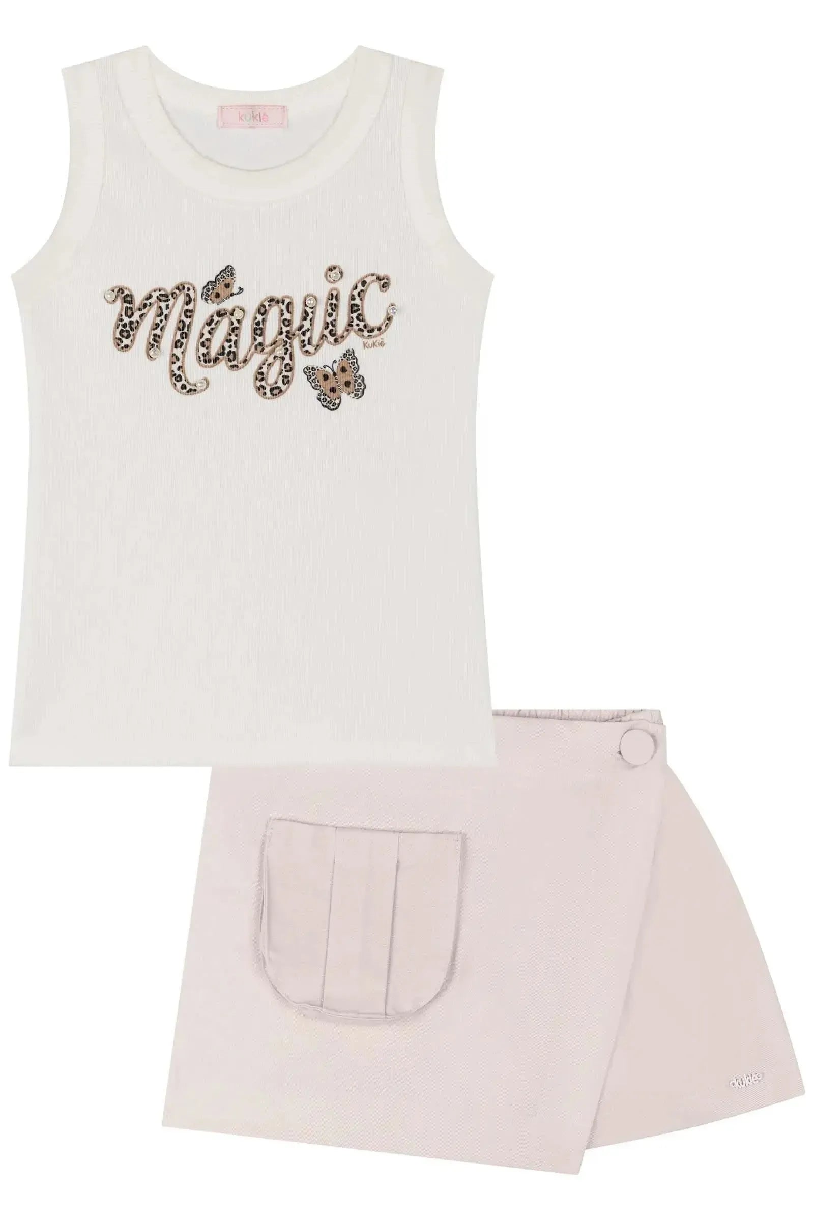 Conjunto de Blusa em Rib Fancy e Short Saia em Sarja com Elastano 84982 Kukiê Infantil Menina