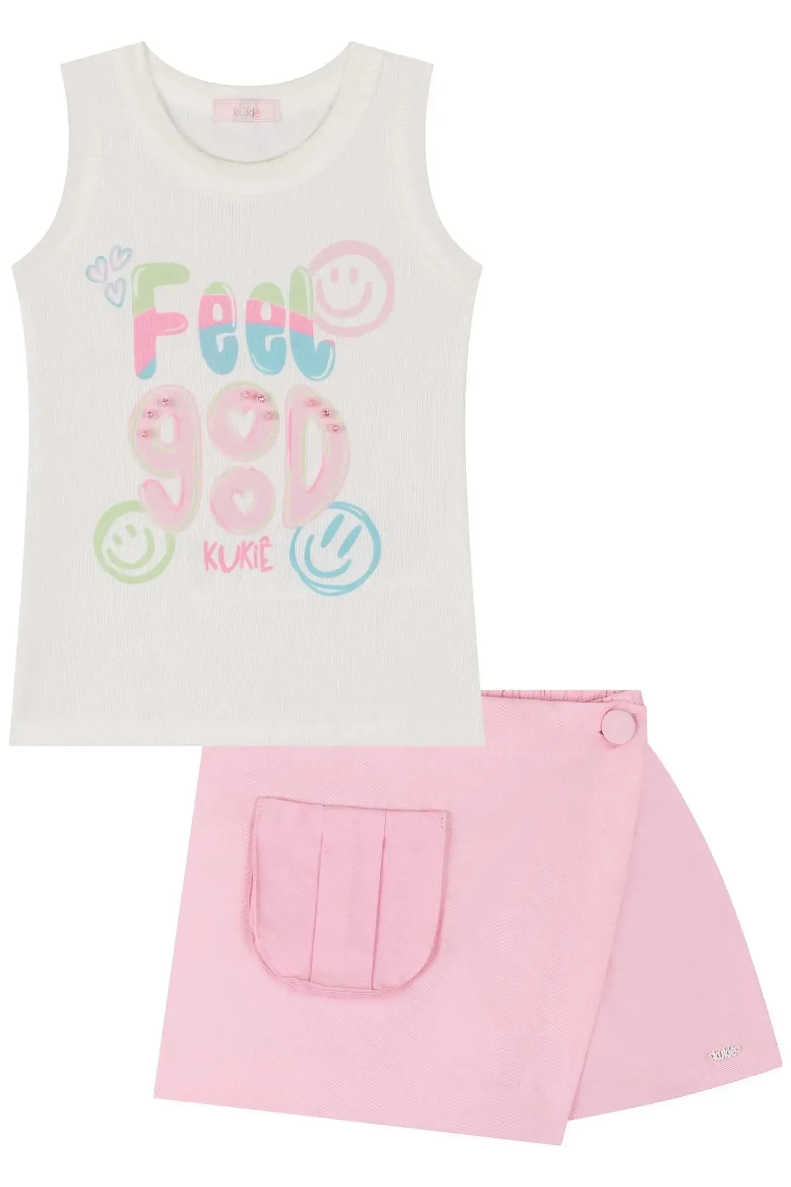 Conjunto de Blusa em Rib Fancy e Short Saia em Sarja com Elastano 84982 Kukiê Infantil Menina