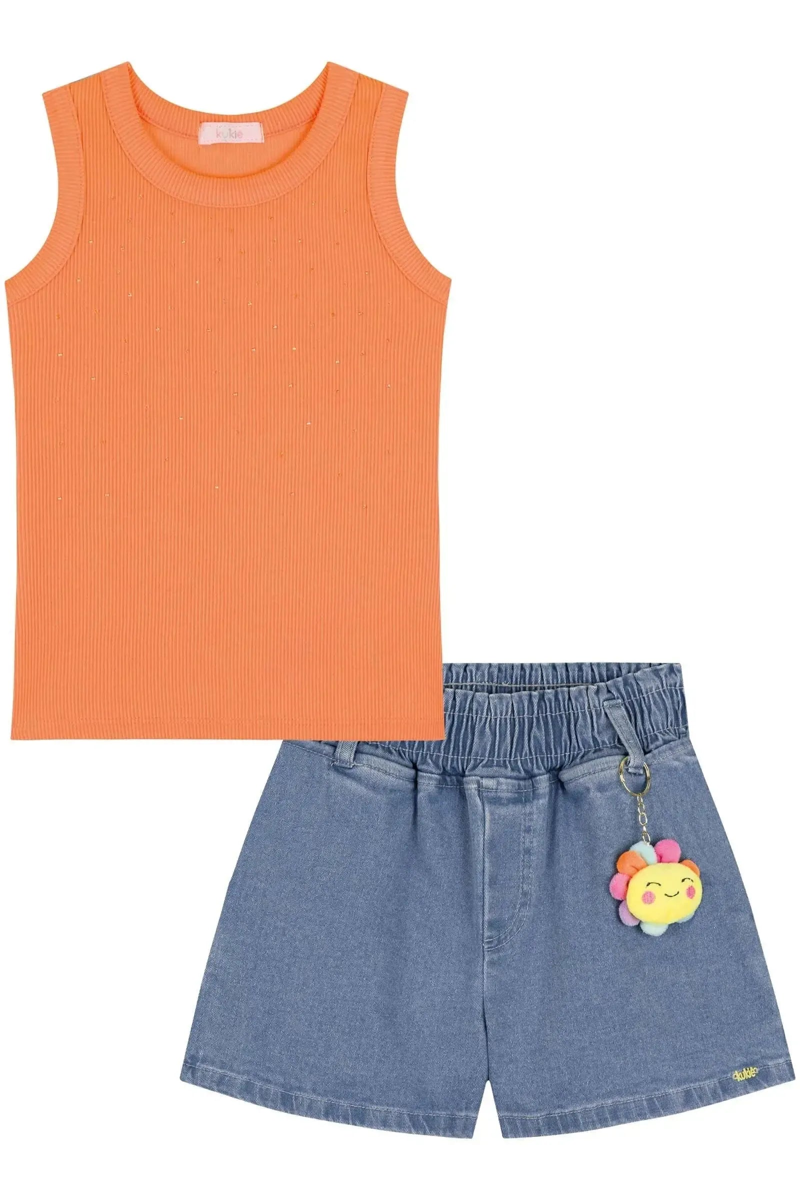 Conjunto de Blusa em Soft Line e Shorts em Jeans com Elastano 85813 Kukiê Infantil Menina