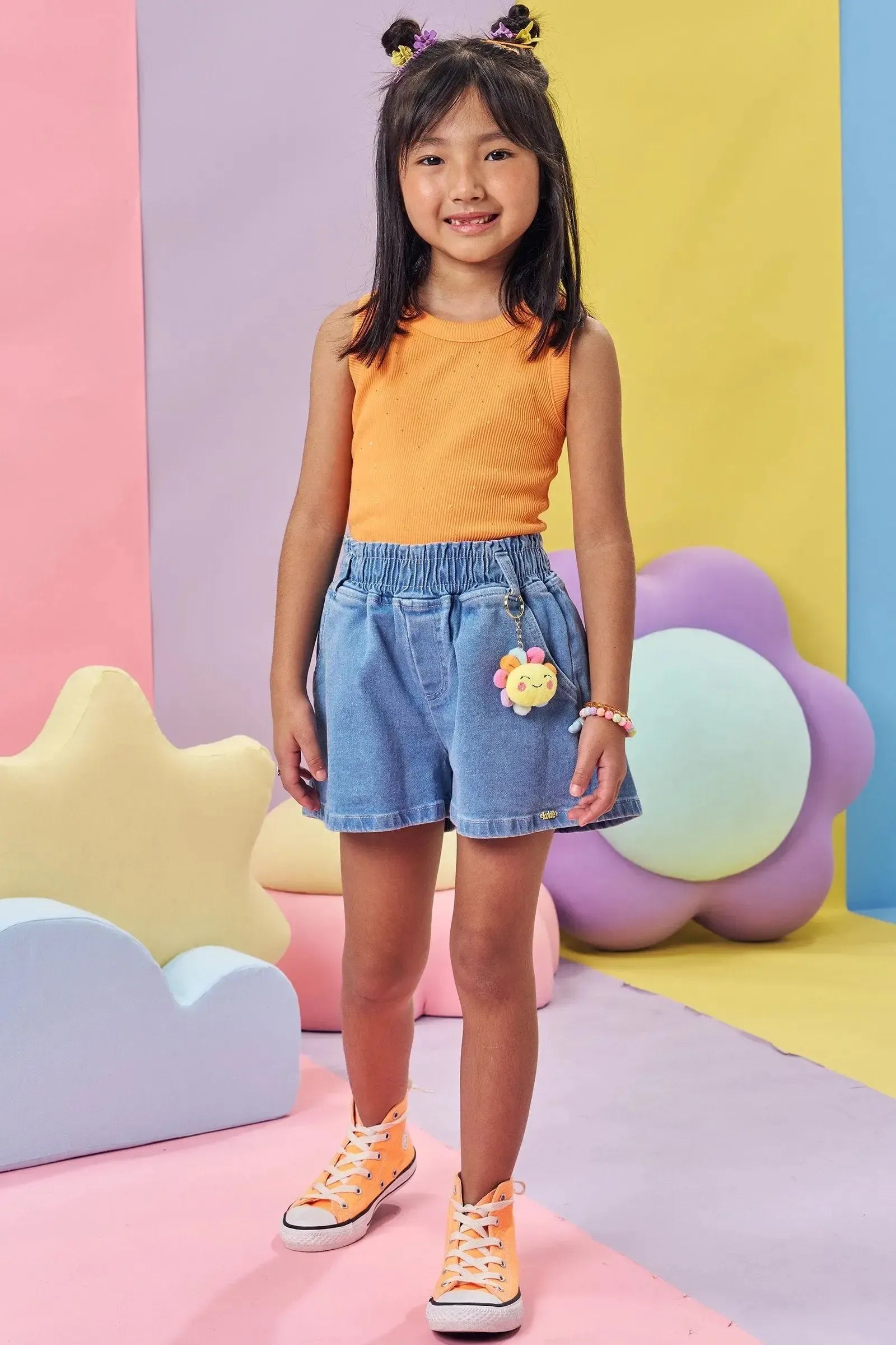 Conjunto de Blusa em Soft Line e Shorts em Jeans com Elastano 85813 Kukiê Infantil Menina